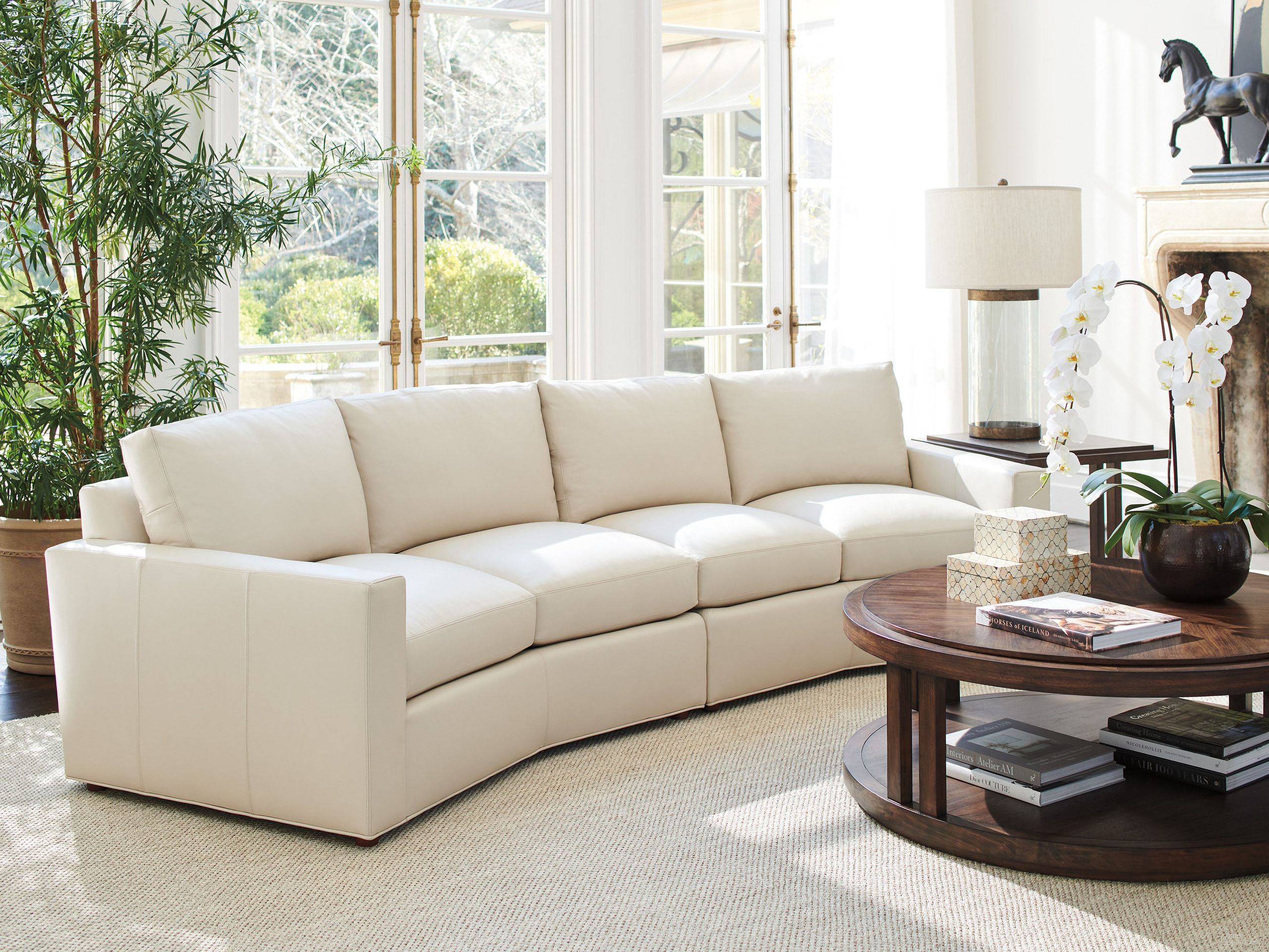 The appearance of Silverado Ashbury Ivory Leather Sectional In Cream designed by Lexington in the transitional interior design. This cream piece of furniture  was selected by 1StopBedrooms from Silverado Collection to add a touch of cosiness and style into your home. Sku: 7878-52C-03. Material: Leather.