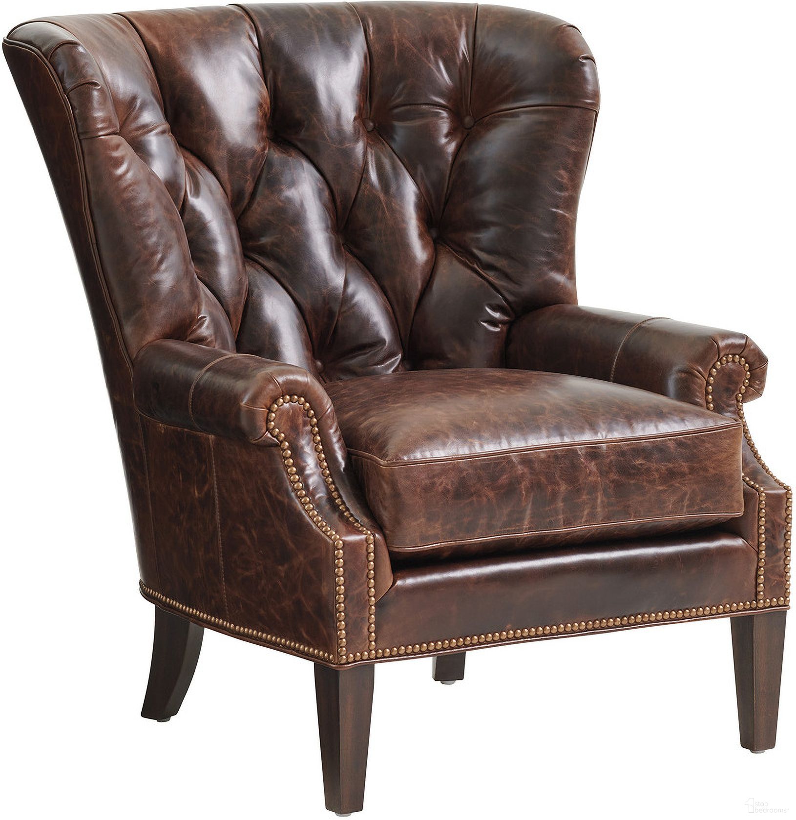The appearance of Silverado Atwater Leather Chair designed by Lexington in the transitional interior design. This dark brown piece of furniture was selected by 1StopBedrooms from Silverado Collection to add a touch of cosiness and style into your home. Sku: LL7836-11-40. Material: Leather.