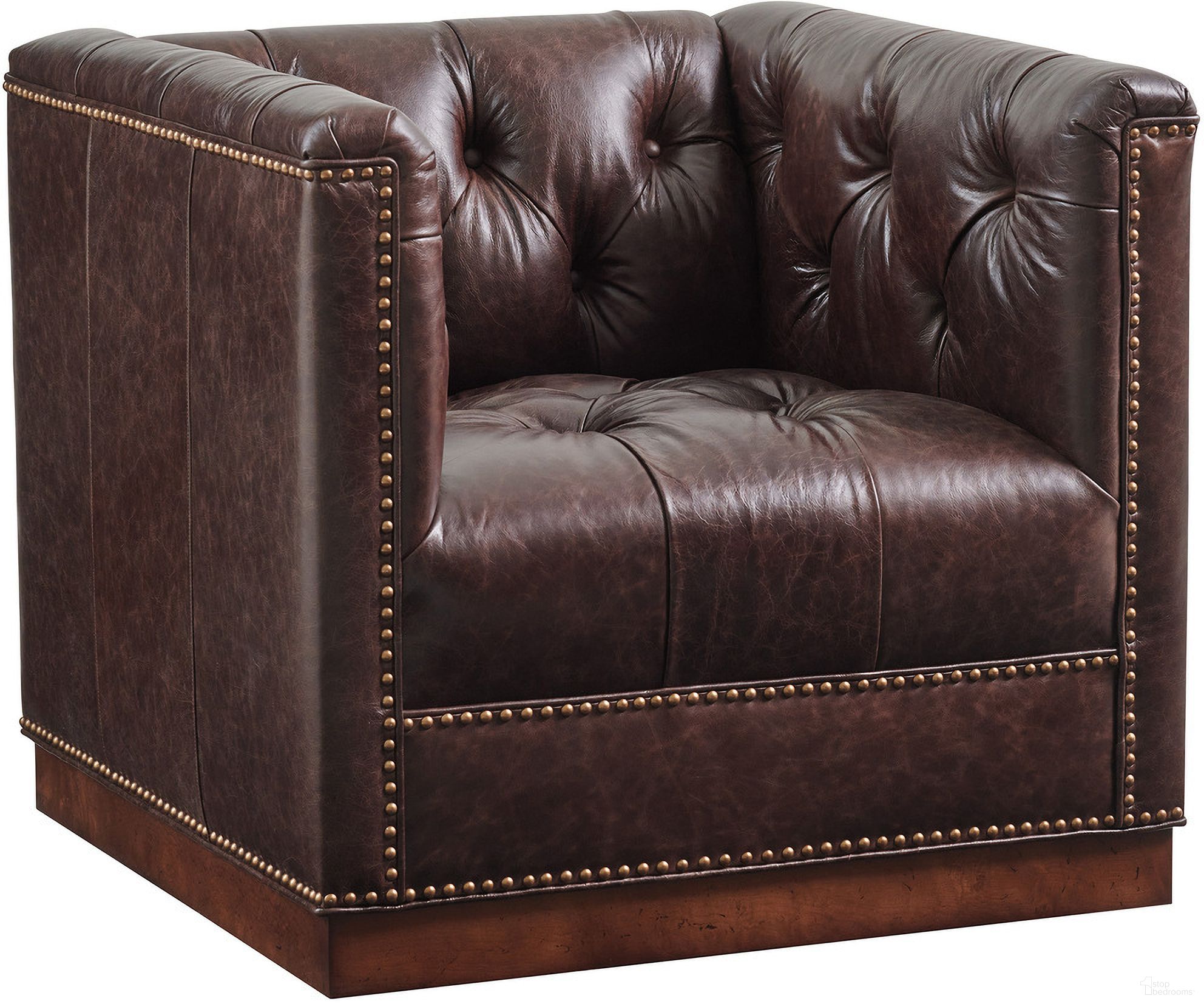 The appearance of Silverado Fremont Leather Swivel Chair designed by Lexington in the transitional interior design. This dark brown piece of furniture  was selected by 1StopBedrooms from Silverado Collection to add a touch of cosiness and style into your home. Sku: LL7946-11SW-40. Material: Leather.