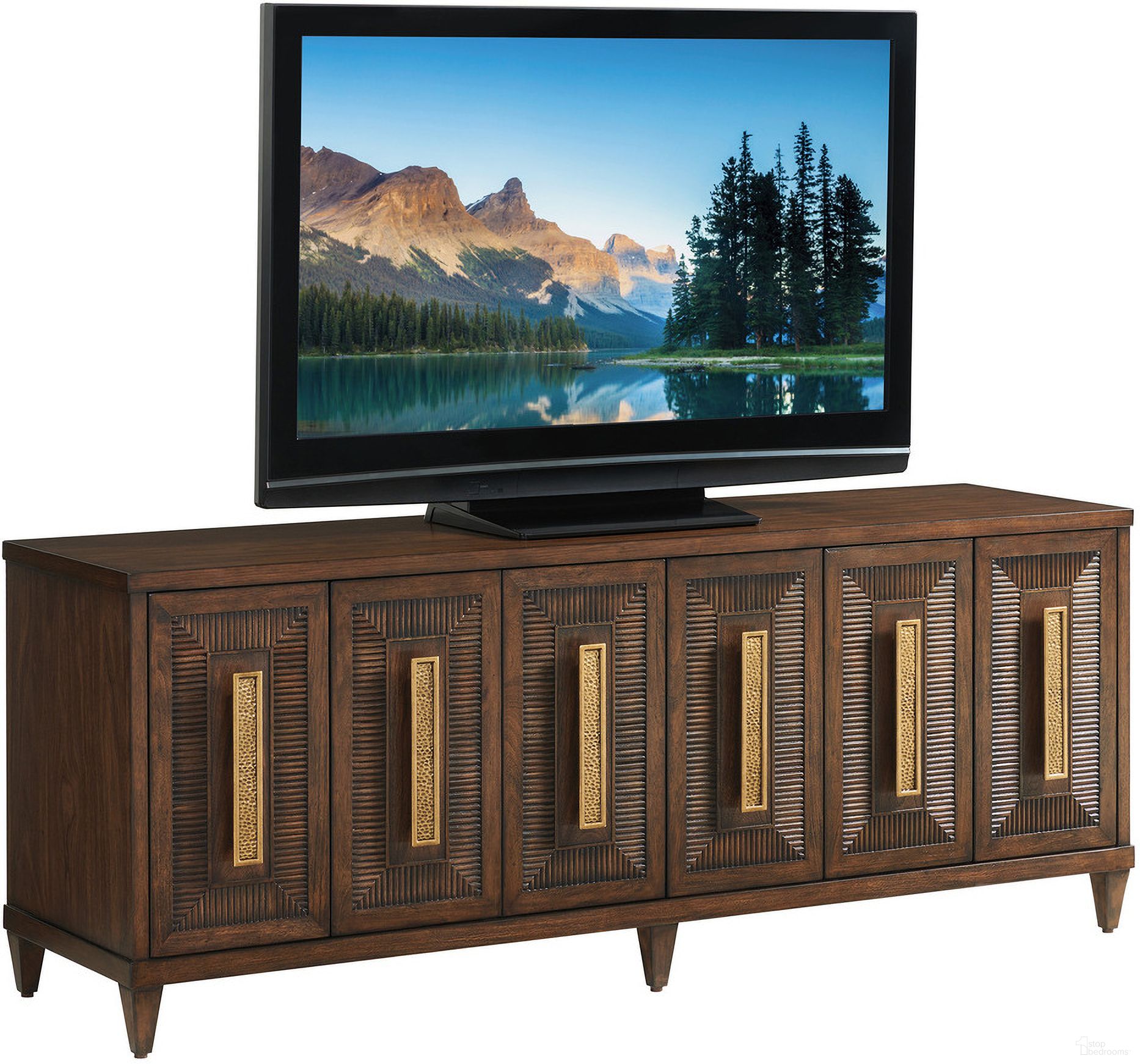 The appearance of Silverado Modesto Media Console In Montecito designed by Lexington in the transitional interior design. This montecito piece of furniture was selected by 1StopBedrooms from Silverado Collection to add a touch of cosiness and style into your home. Sku: 740-907. Material: Wood.