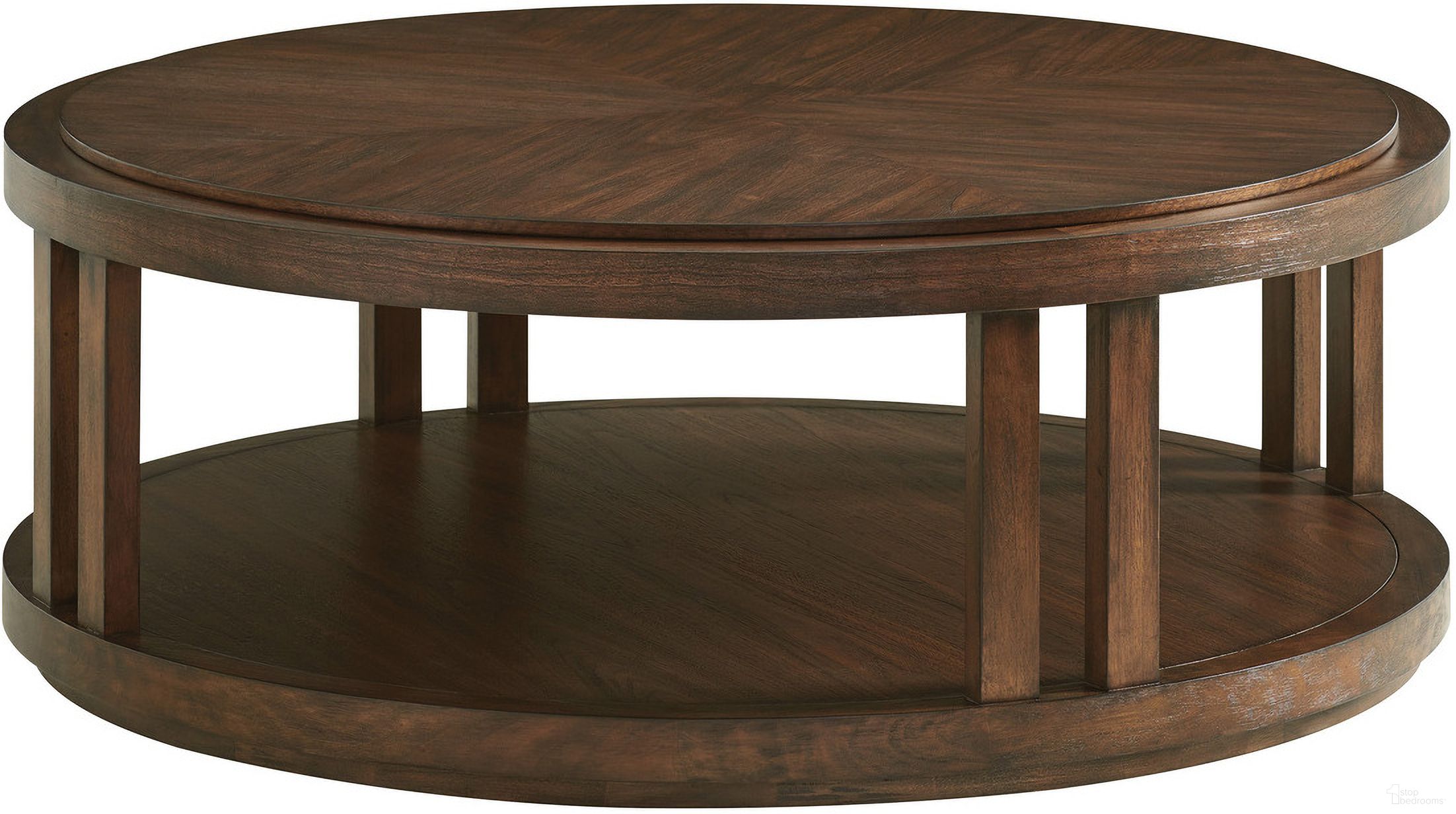 The appearance of Silverado Stinson Round Cocktail Table In Montecito designed by Lexington in the transitional interior design. This montecito piece of furniture was selected by 1StopBedrooms from Silverado Collection to add a touch of cosiness and style into your home. Sku: 740-949. Material: Wood.