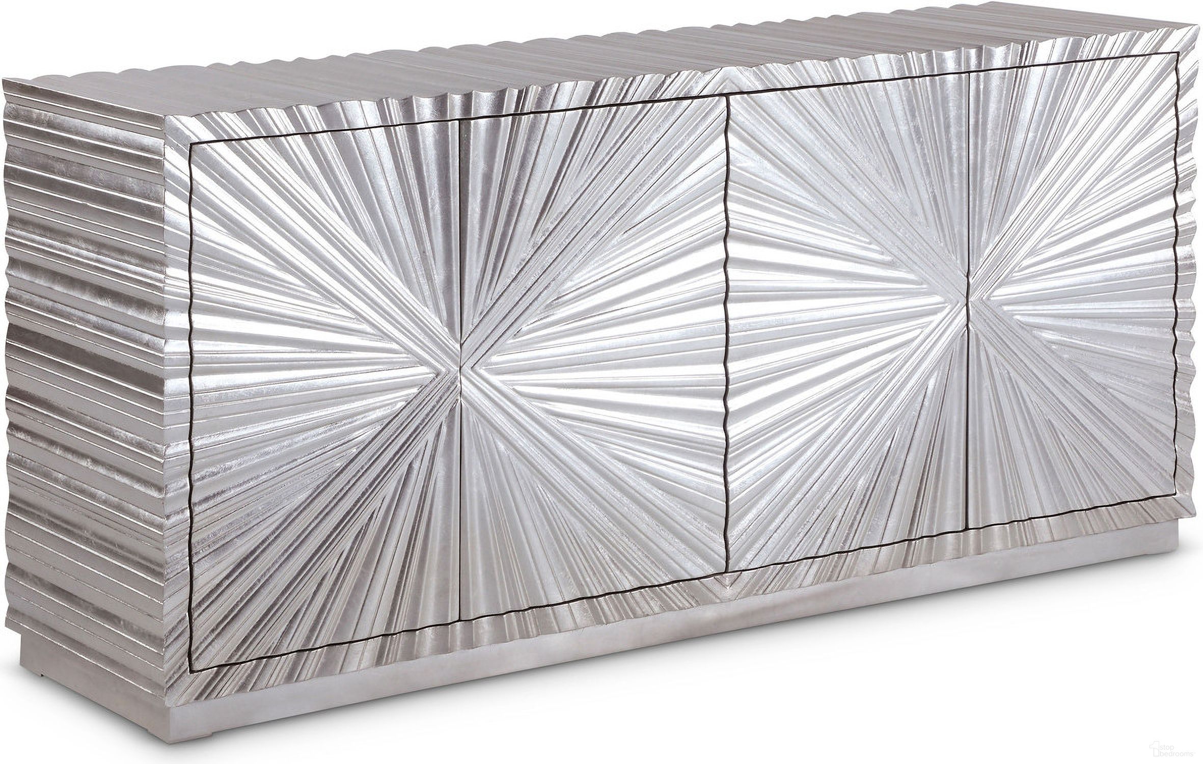 The appearance of Silverton Sideboard/Buffet In Silver designed by Meridian in the modern / contemporary interior design. This silver piece of furniture was selected by 1StopBedrooms from Silverton Collection to add a touch of cosiness and style into your home. Sku: 326. Material: Silver Leaf.