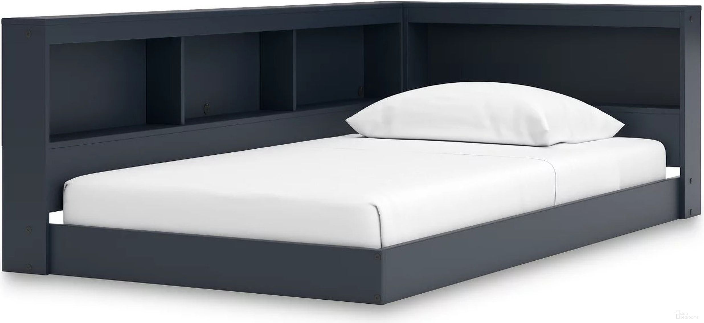 The appearance of Simmenfort Twin Bookcase Storage Bed In Navy Blue designed by Signature Design by Ashley in the transitional interior design. This navy blue piece of furniture  was selected by 1StopBedrooms from Simmenfort Collection to add a touch of cosiness and style into your home. Sku: EB1528-163;EB1528-182. Bed Type: Storage Bed. Material: Wood. Bed Size: Twin.