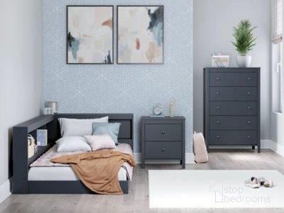 The appearance of Simmenfort Youth Bookcase Bedroom Set In Navy Blue designed by Signature Design by Ashley in the transitional interior design. This navy blue piece of furniture  was selected by 1StopBedrooms from Simmenfort Collection to add a touch of cosiness and style into your home. Sku: EB1528-163;EB1528-182;EB1528-292. Bed Type: Storage Bed. Material: Wood. Bed Size: Twin.