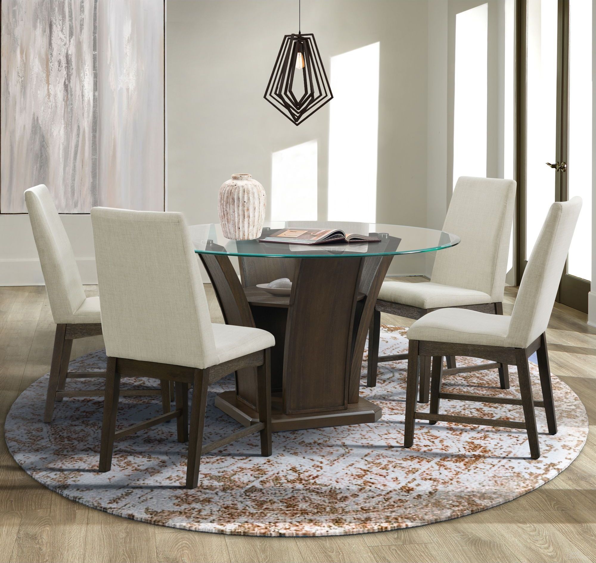 The appearance of Simms Walnut Round Dining Room Set designed by Picket House in the transitional interior design. This brown piece of furniture was selected by 1StopBedrooms from Simms Collection to add a touch of cosiness and style into your home. Sku: DPR500RDT;DPR500RDB;DPR500SC. Table Base Style: Pedestal. Material: Rubberwood. Size: 54".