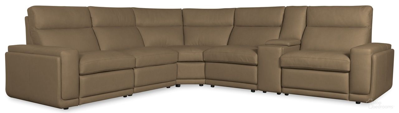 The appearance of Simone Six-Piece Power Reclining Sectional In Brown designed by Hooker in the transitional interior design. This brown piece of furniture was selected by 1StopBedrooms from Simone Collection to add a touch of cosiness and style into your home. Sku: SS757-6PC3-085. Material: Leather.