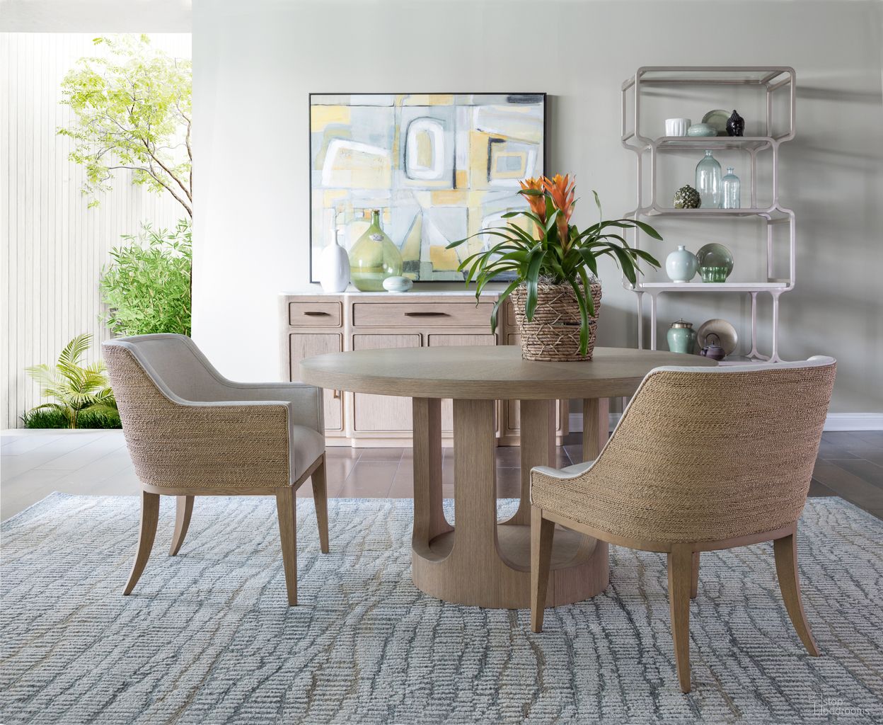 The appearance of Simpatico Round Dining Room Set In Beige designed by Artistica Home in the transitional interior design. This beige piece of furniture was selected by 1StopBedrooms from Simpatico Collection to add a touch of cosiness and style into your home. Sku: 2370-870C;2370-882-01. Table Top Shape: Round. Size: 54". Material: Oak.