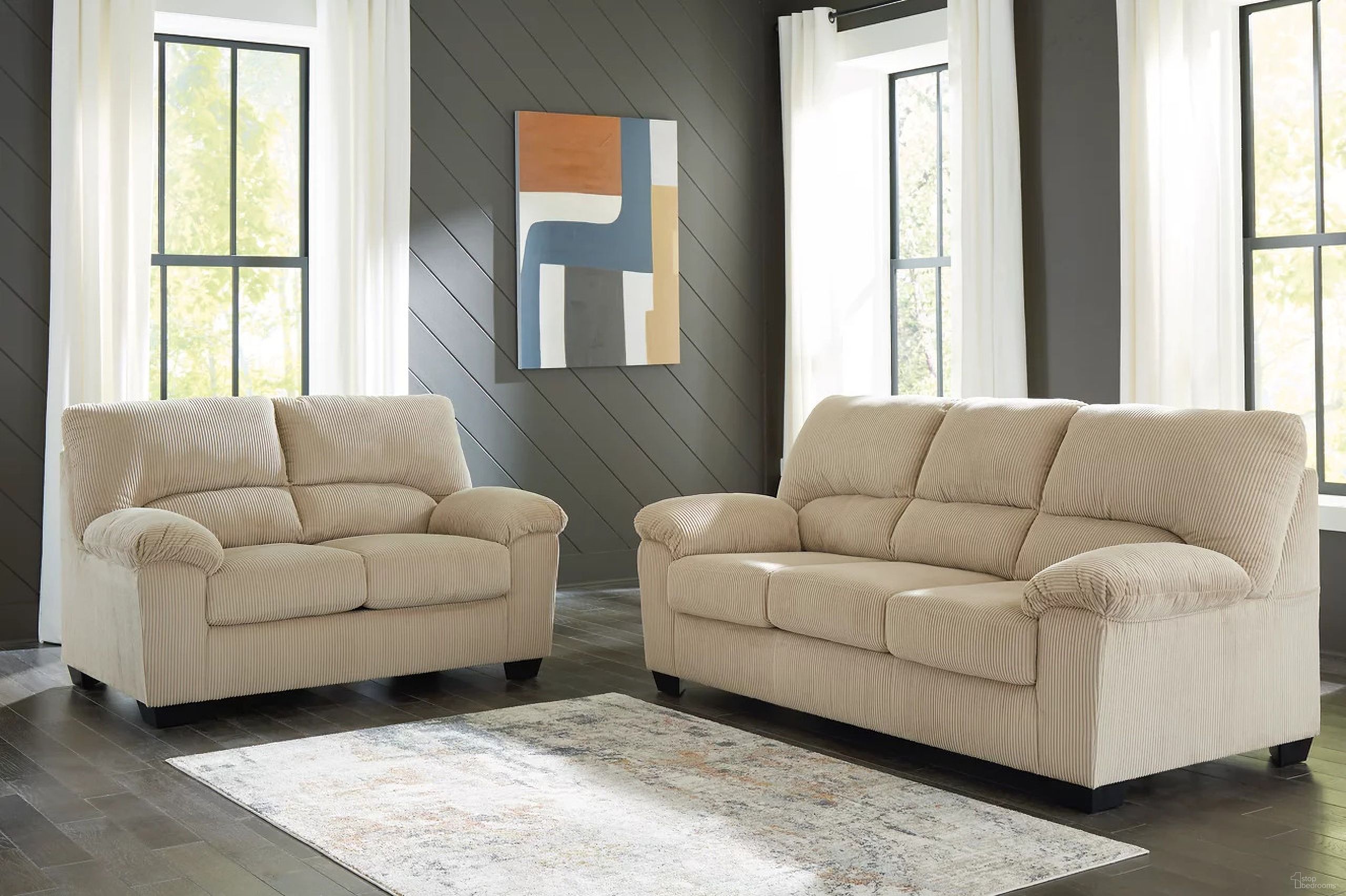 The appearance of SimpleJoy Living Room Set In Sand designed by Signature Design by Ashley in the transitional interior design. This sand piece of furniture was selected by 1StopBedrooms from Simplejoy Collection to add a touch of cosiness and style into your home. Sku: 2420338;2420335. Material: Fabric.
