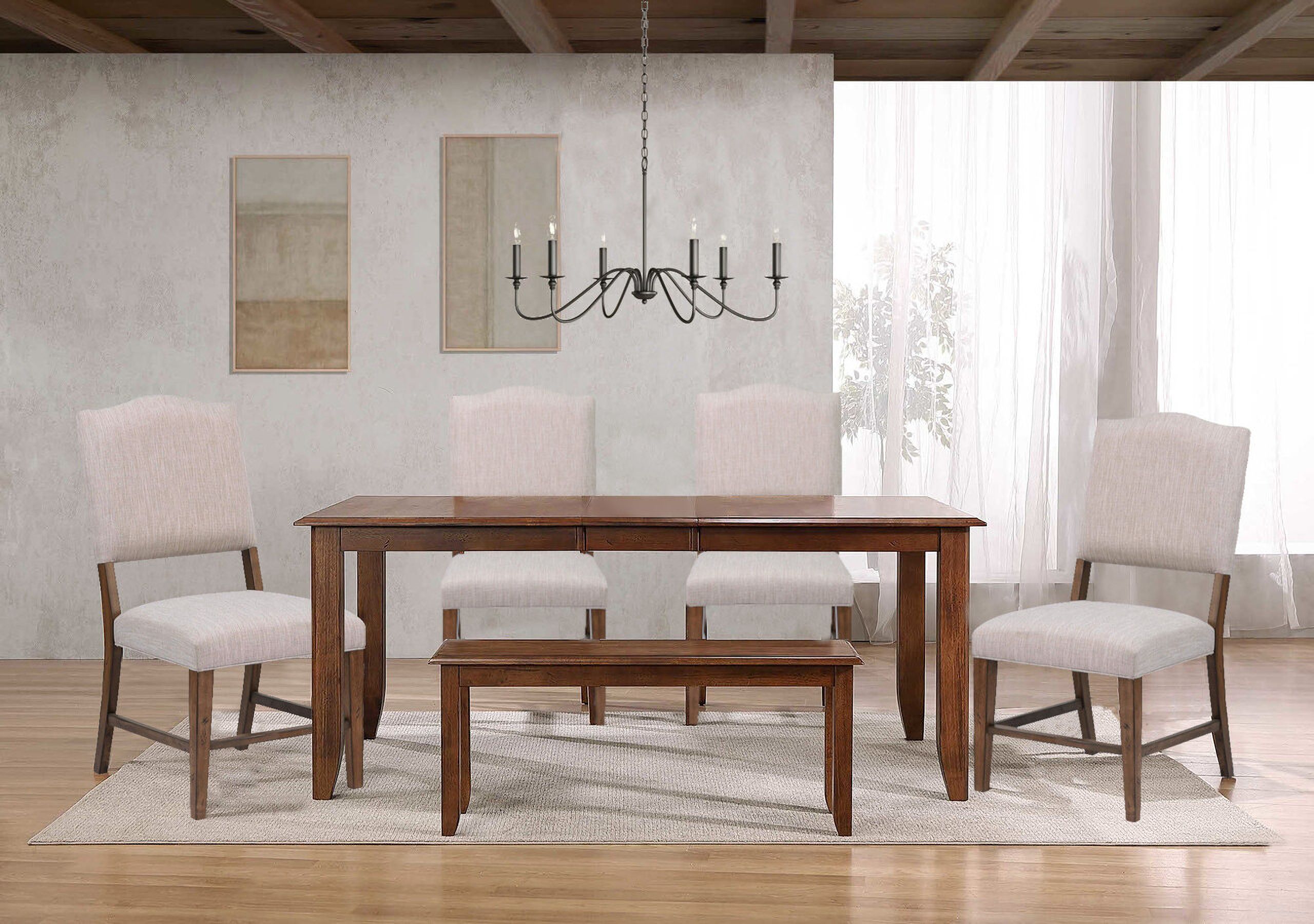 The appearance of Simply Brook 6 Piece 72 Inch Rectangular Extendable Table Dining Set With Bench In Brown designed by Sunset Trading in the modern / contemporary interior design. This brown piece of furniture was selected by 1StopBedrooms from Simply Brook Collection to add a touch of cosiness and style into your home. Sku: DLU-BR-TL-4272-AM;DLU-BR-C85-AM-RTA;DLU-BR-C85-AM-RTA;DLU-BR-BENCH-AM-RTA. Material: Rubberwood.