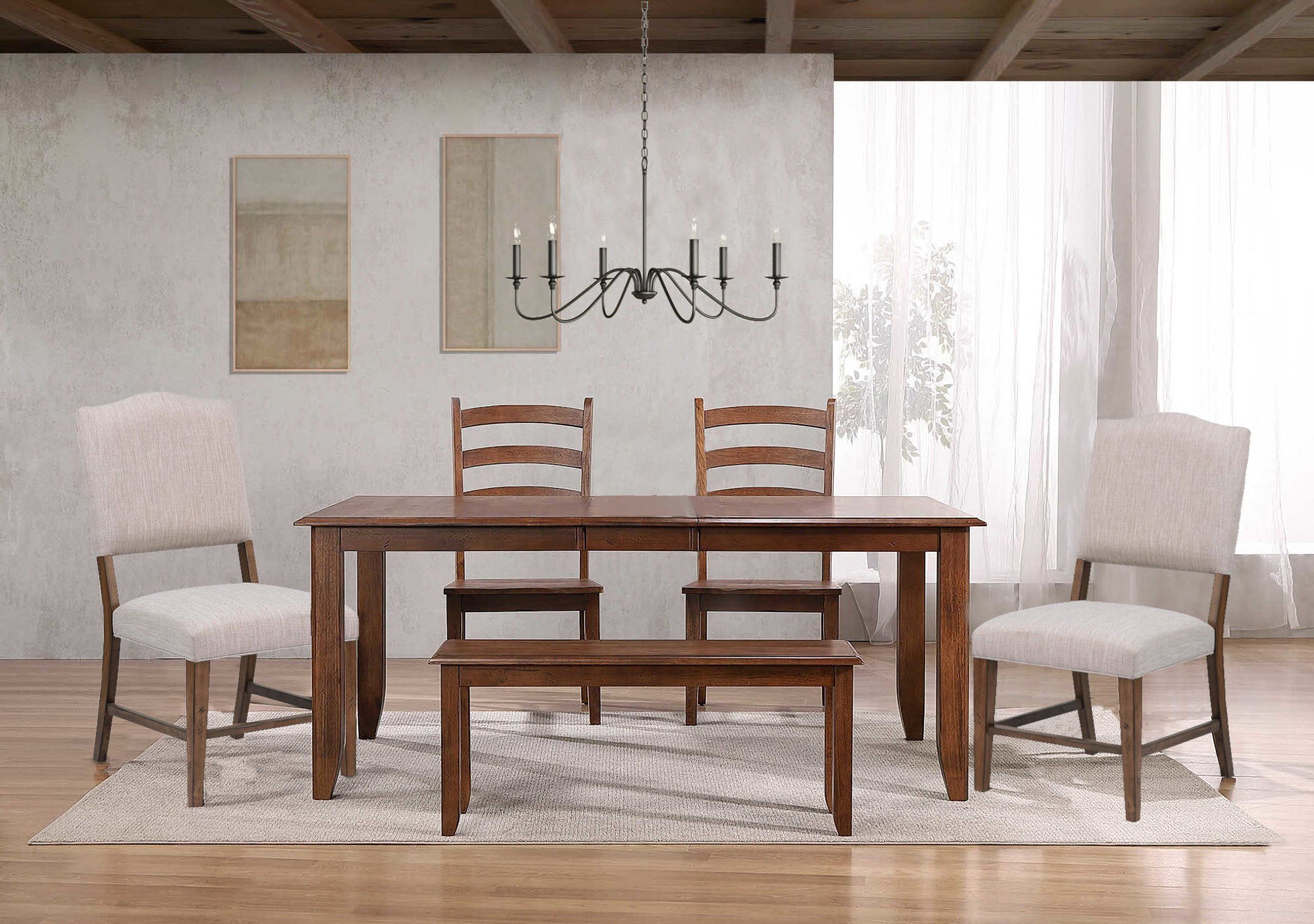 The appearance of Simply Brook 6 Piece 72 Inch Rectangular Extendable Table Dining Set With Bench In Brown designed by Sunset Trading in the modern / contemporary interior design. This brown piece of furniture  was selected by 1StopBedrooms from Simply Brook Collection to add a touch of cosiness and style into your home. Sku: DLU-BR-TL-4272-AM;DLU-BR-C80-AM-RTA;DLU-BR-C85-AM-RTA;DLU-BR-BENCH-AM-RTA. Material: Rubberwood.