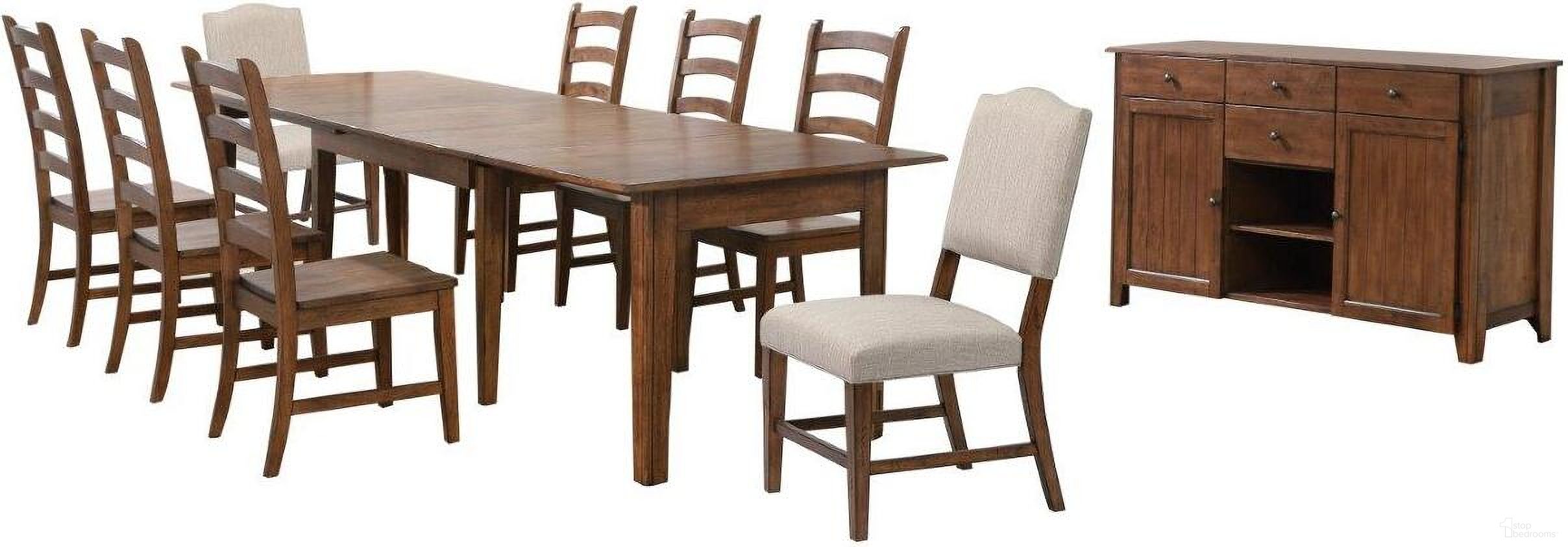 The appearance of Simply Brook Amish Brown 10 Piece Rectangular Extendable Dining Set designed by Sunset Trading in the traditional interior design. This brown piece of furniture was selected by 1StopBedrooms from Simply Brook Collection to add a touch of cosiness and style into your home. Sku: DLU-BR-TL-134-AM-T;DLU-BR-TL-134-AM-B;DLU-BR-C80-AM-RTA;DLU-BR-C80-AM-RTA;DLU-BR-C80-AM-RTA;DLU-BR-C85-AM-RTA;DLU-BR-SB-AM. Material: Wood.