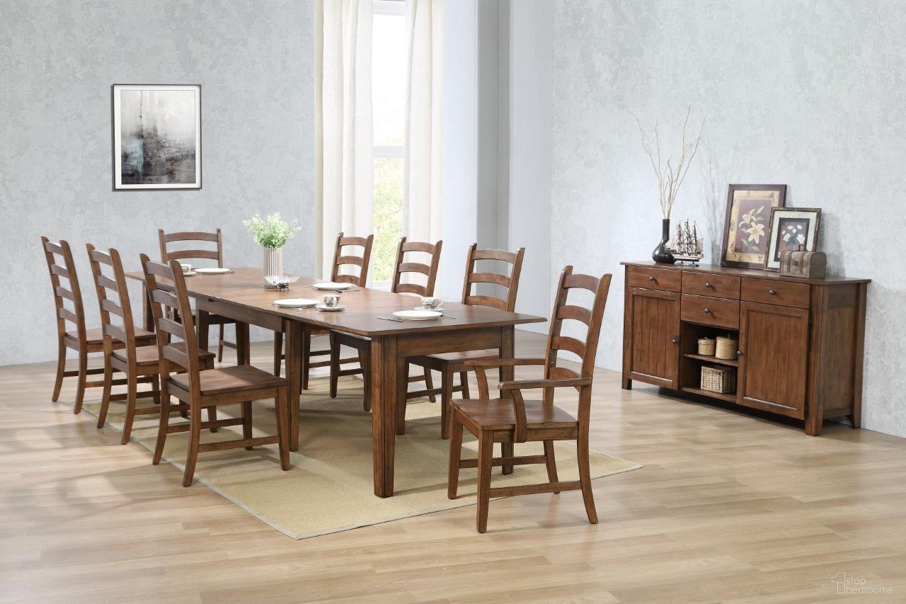 The appearance of Simply Brook Amish Brown 10 Piece Rectangular Extendable Table Dining Set designed by Sunset Trading in the traditional interior design. This brown piece of furniture was selected by 1StopBedrooms from Simply Brook Collection to add a touch of cosiness and style into your home. Sku: DLU-BR-TL-134-AM-T;DLU-BR-TL-134-AM-B;DLU-BR-C80-AM-RTA;DLU-BR-C80-AM-RTA;DLU-BR-C80-AM-RTA;DLU-BR-C80-AM-A-RTA;DLU-BR-SB-PW. Material: Wood.