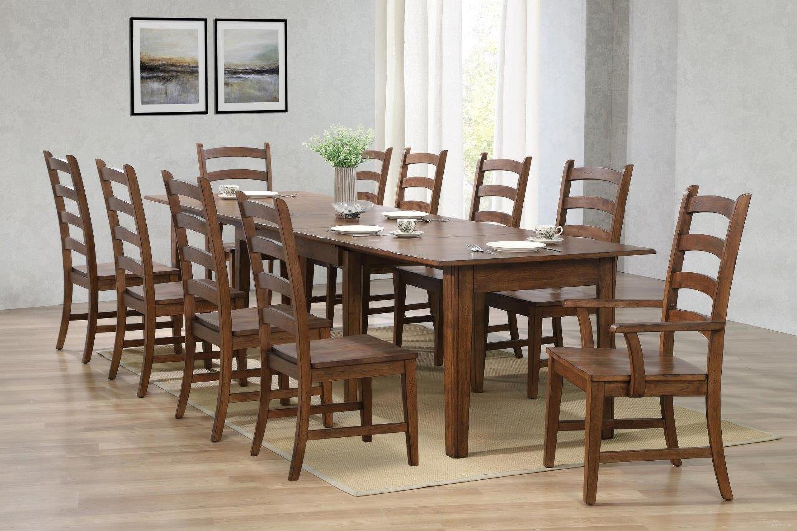The appearance of Simply Brook Amish Brown 11 Piece Rectangular Extendable Table Dining Set designed by Sunset Trading in the traditional interior design. This brown piece of furniture was selected by 1StopBedrooms from Simply Brook Collection to add a touch of cosiness and style into your home. Sku: DLU-BR-TL-134-AM-T;DLU-BR-TL-134-AM-B;DLU-BR-C80-AM-RTA;DLU-BR-C80-AM-RTA;DLU-BR-C80-AM-RTA;DLU-BR-C80-AM-RTA;DLU-BR-C80-AM-A-RTA. Material: Wood.
