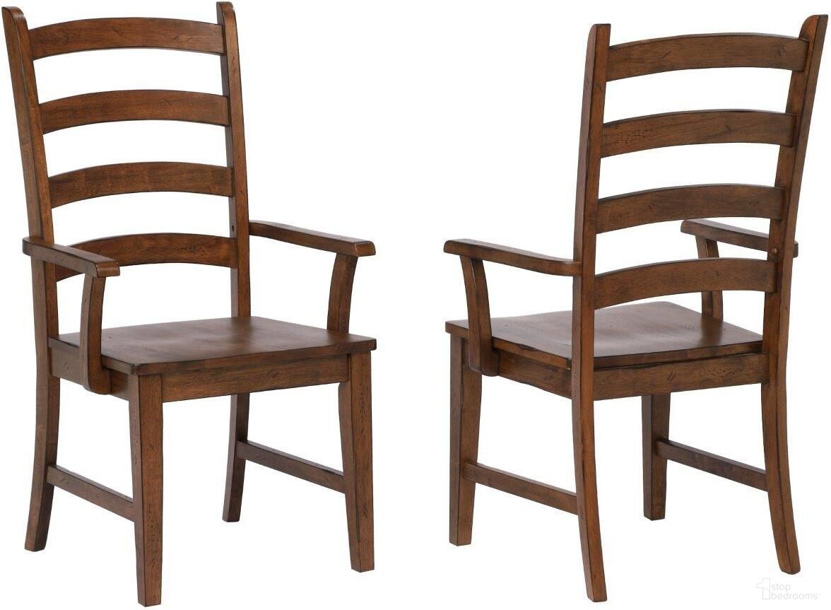 The appearance of Simply Brook Amish Brown Ladder Back Dining Arm Chair Set of 2 designed by Sunset Trading in the traditional interior design. This brown piece of furniture was selected by 1StopBedrooms from Simply Brook Collection to add a touch of cosiness and style into your home. Sku: DLU-BR-C80A-AM-2. Material: Wood. Chair Type: Arm Chair.