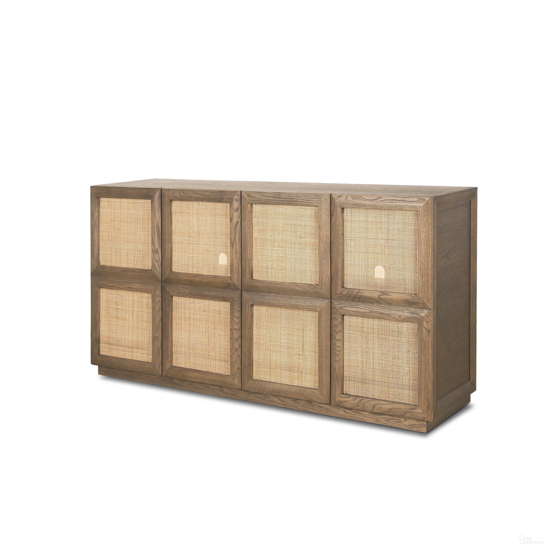 The appearance of Sina Oak Wood with Natural Rattan 4 Door Sideboard In Gray Brown designed by Mercana in the transitional interior design. This gray/natural piece of furniture was selected by 1StopBedrooms from Sina Collection to add a touch of cosiness and style into your home. Sku: 70815. Material: Rattan.