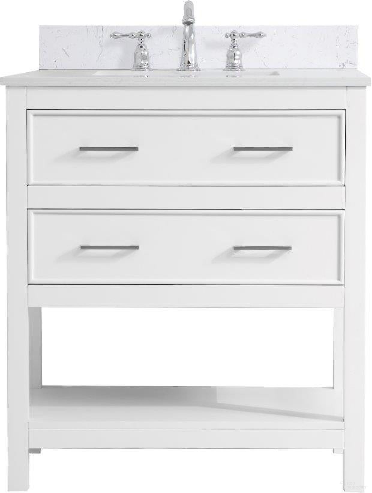 The appearance of Sinclaire 30 Inch Single Bathroom Vanity In White With Backsplash designed by Elegant Lighting in the traditional interior design. This white piece of furniture was selected by 1StopBedrooms from Sinclaire Collection to add a touch of cosiness and style into your home. Sku: VF19030WH-BS. Material: Wood.