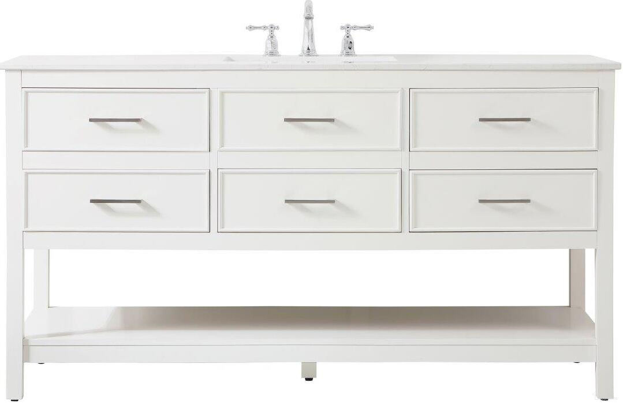 The appearance of Sinclaire 60 Inch Single Bathroom Vanity In White designed by Elegant Lighting in the traditional interior design. This white piece of furniture was selected by 1StopBedrooms from Sinclaire Collection to add a touch of cosiness and style into your home. Sku: VF19060WH. Material: MDF.