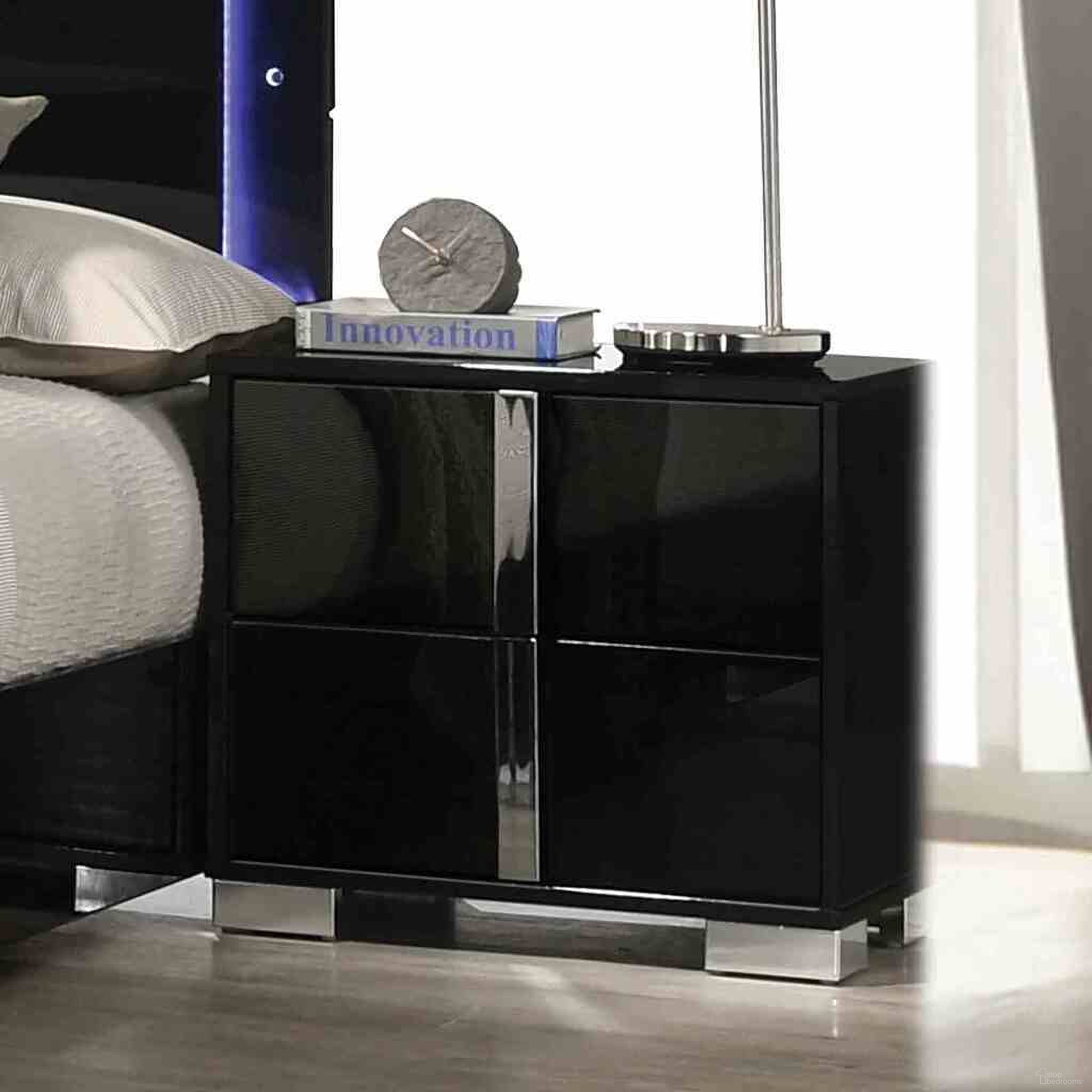 The appearance of Sinistra Nightstand In Piano Black designed by Furniture of America in the modern / contemporary interior design. This piano black piece of furniture  was selected by 1StopBedrooms from Sinistra Collection to add a touch of cosiness and style into your home. Sku: FM7211BK-N. Material: Metal.