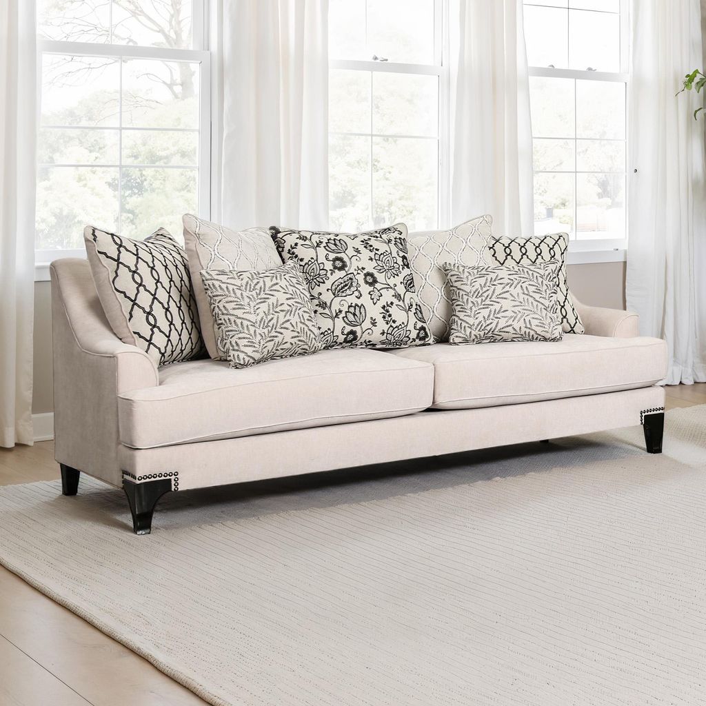 The appearance of Lowell Sofa In Taupe designed by Furniture of America in the transitional interior design. This taupe piece of furniture was selected by 1StopBedrooms from Lowell Collection to add a touch of cosiness and style into your home. Sku: SM2201TP-SF. Material: Chenille.