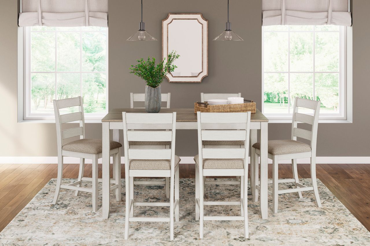 The appearance of Skempton White and Brown Rectangular Dining Room Counter Set designed by Signature Design by Ashley in the transitional interior design. This white/light brown piece of furniture was selected by 1StopBedrooms from Skempton Collection to add a touch of cosiness and style into your home. Sku: D394-423. Material: Fabric.