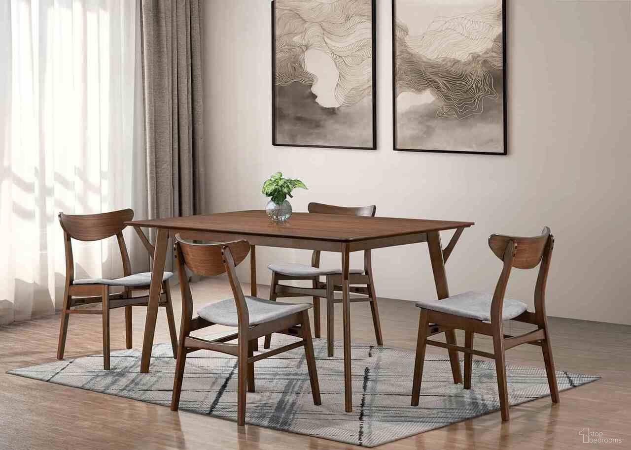 The appearance of Skien Dining Table In Walnut designed by Furniture of America in the modern / contemporary interior design. This walnut piece of furniture  was selected by 1StopBedrooms from Skien Collection to add a touch of cosiness and style into your home. Sku: FM3210WN-T. Table Base Style: Legs. Table Top Shape: Rectangular. Size: 35" x 59". Material: Solid Wood.