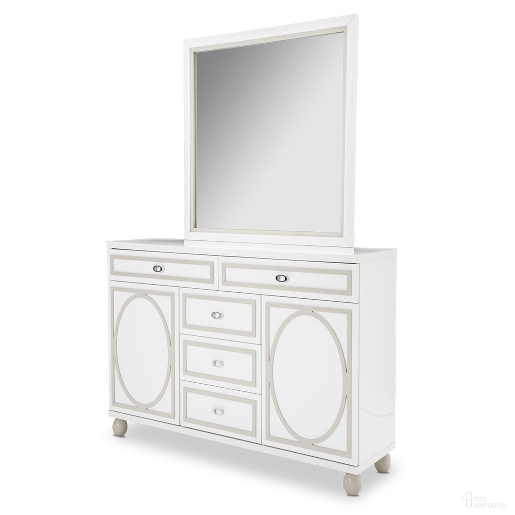 The appearance of Sky Tower Dresser with Mirror In Cloud White designed by Michael Amini in the modern / contemporary interior design. This cloud white piece of furniture was selected by 1StopBedrooms from Sky Tower Collection to add a touch of cosiness and style into your home. Sku: N9025650SA-108;N9025660-108. Material: Wood.