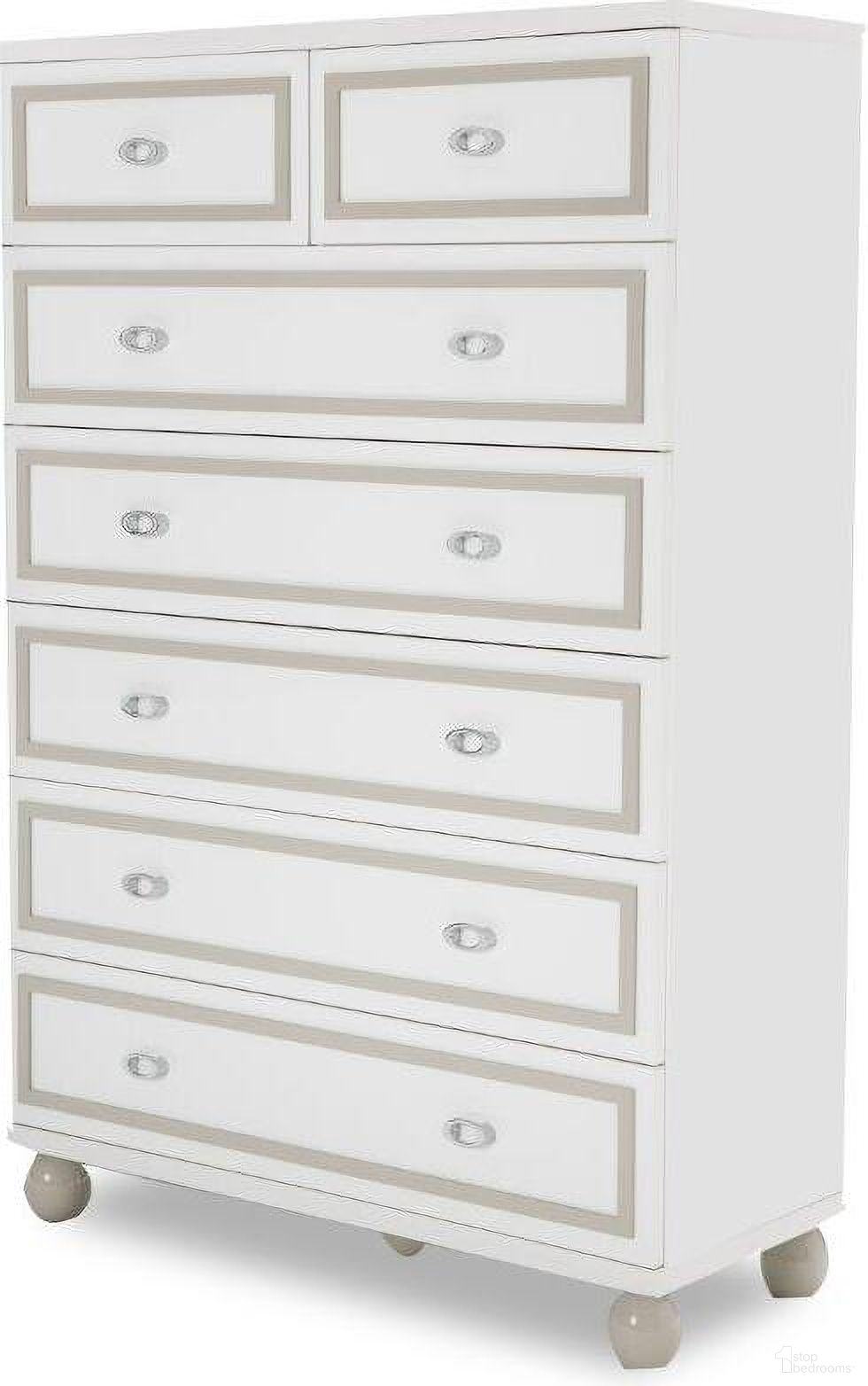 The appearance of Sky Tower White Cloud 7 Drawer Chest designed by Michael Amini in the modern / contemporary interior design. This cloud white piece of furniture  was selected by 1StopBedrooms from Sky Tower Collection to add a touch of cosiness and style into your home. Sku: 9025670-108. Material: Wood.