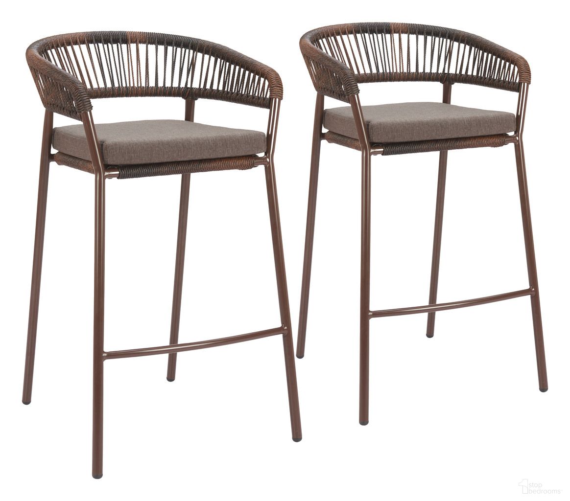 The appearance of Skye Barstool Set of 2 In Brown designed by Zuo Modern in the modern / contemporary interior design. This brown piece of furniture  was selected by 1StopBedrooms from Skye Collection to add a touch of cosiness and style into your home. Sku: 704166. Material: Olefin.