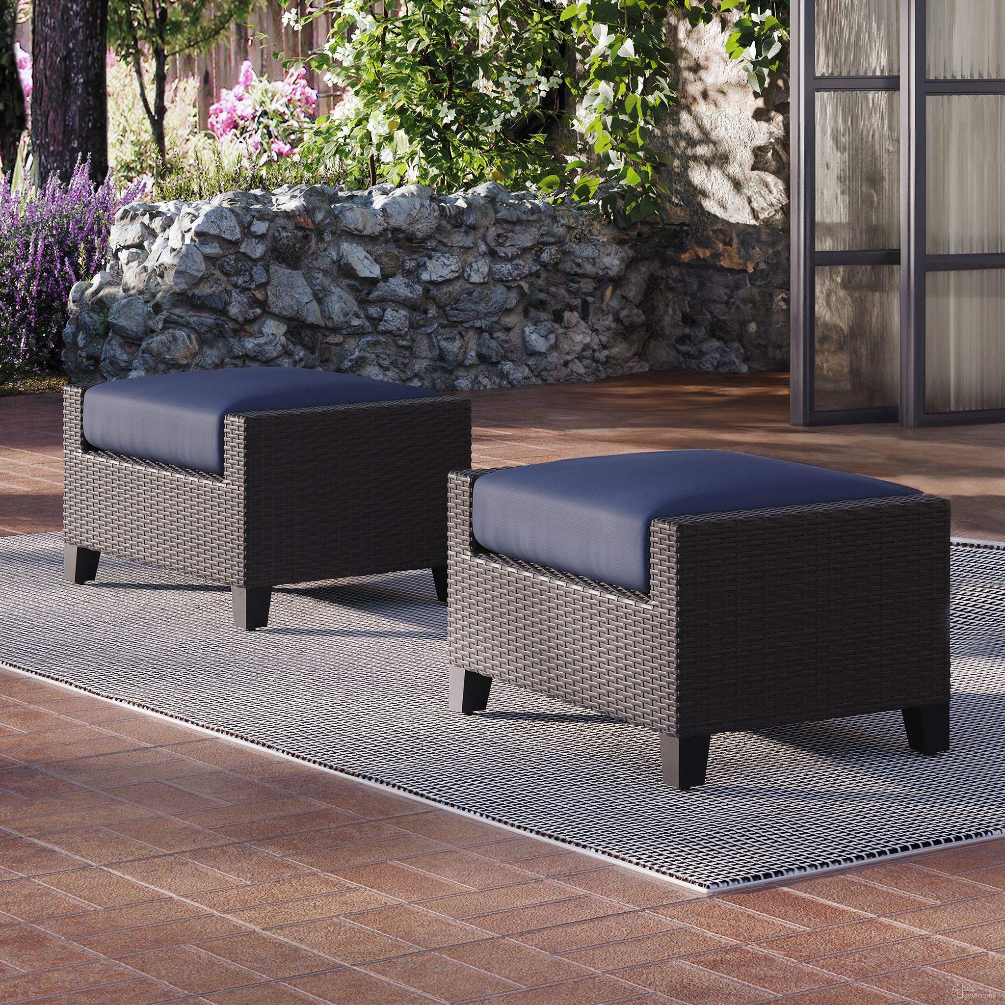 The appearance of Skye Outdoor Patio Footstools Ottomans Set of 2 In Blue designed by New Classic in the transitional interior design. This blue piece of furniture  was selected by 1StopBedrooms from Skye Collection to add a touch of cosiness and style into your home. Sku: G807C-19S. Material: Wicker.