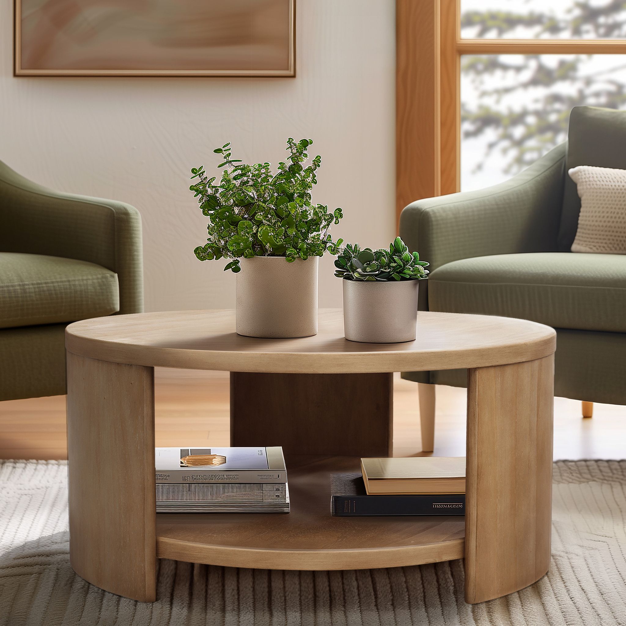 The appearance of Skye Round Coffee Table with Shelf In Natural designed by Olliix in the modern / contemporary interior design. This natural piece of furniture was selected by 1StopBedrooms from Skye Collection to add a touch of cosiness and style into your home. Sku: II120-0566. Material: Wood.