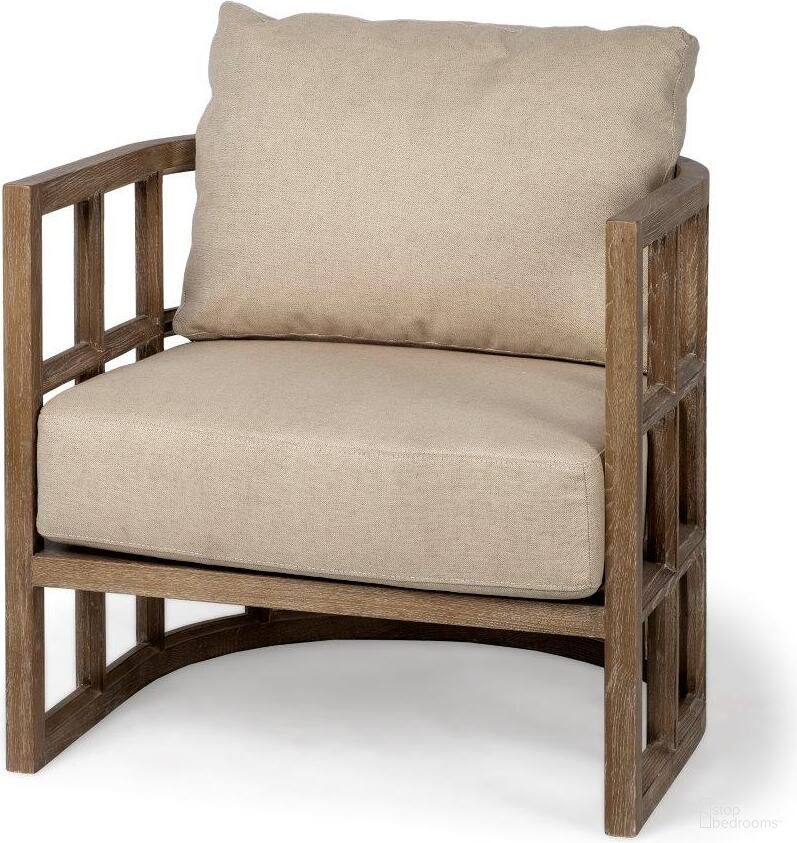 The appearance of Skylar Ii Tan Fabric Covered Cushioned Demi-Lune Wooden Frame Accent Chair designed by Mercana in the modern / contemporary interior design. This tan piece of furniture  was selected by 1StopBedrooms from Skylar Collection to add a touch of cosiness and style into your home. Sku: 67515. Material: Wood.