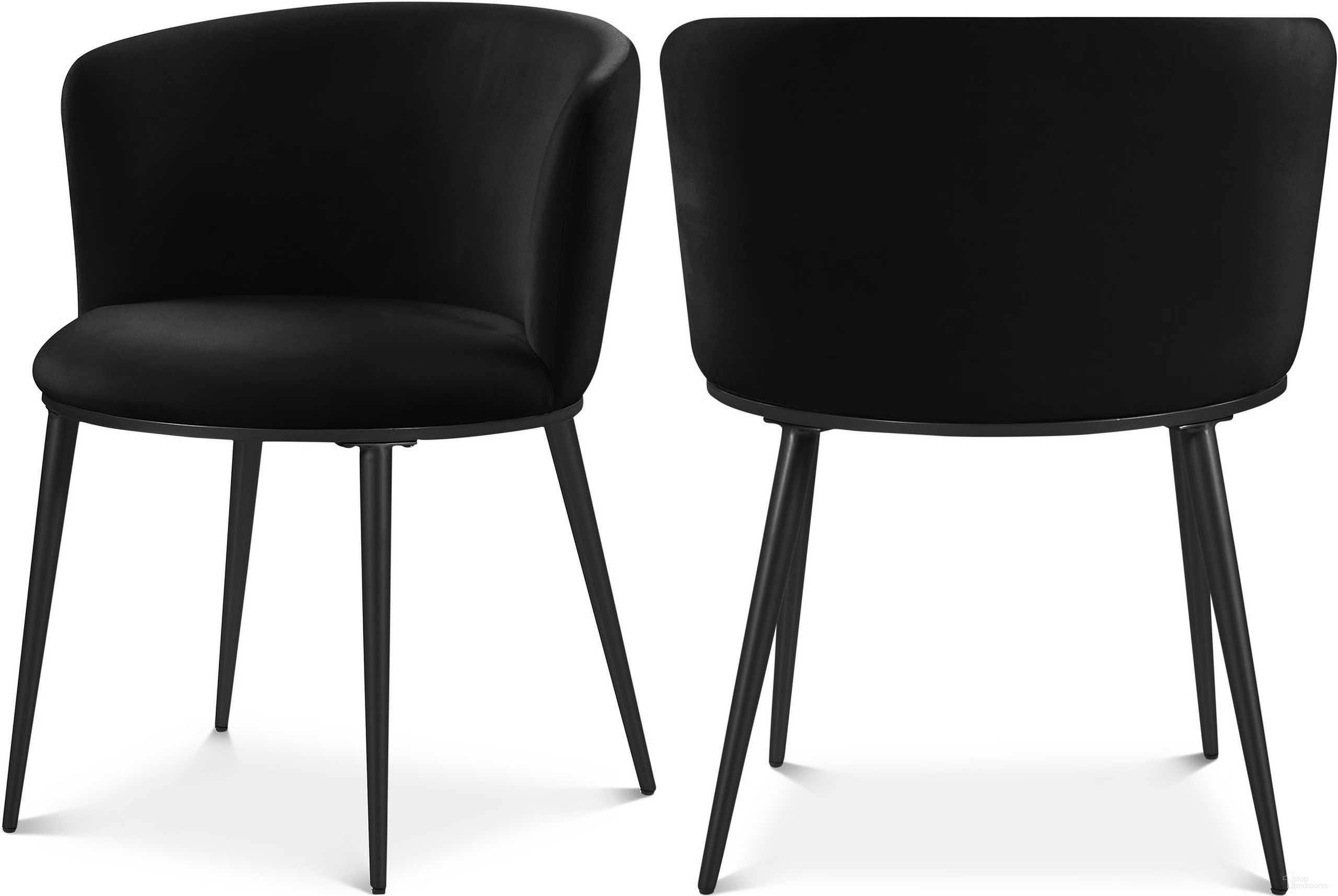 The appearance of Skylar Velvet Dining Chair Set of 2 In Black/Matte Black designed by Meridian in the modern / contemporary interior design. This black piece of furniture  was selected by 1StopBedrooms from Skylar Collection to add a touch of cosiness and style into your home. Sku: 966Black-C. Material: Velvet. Chair Type: Side Chair.