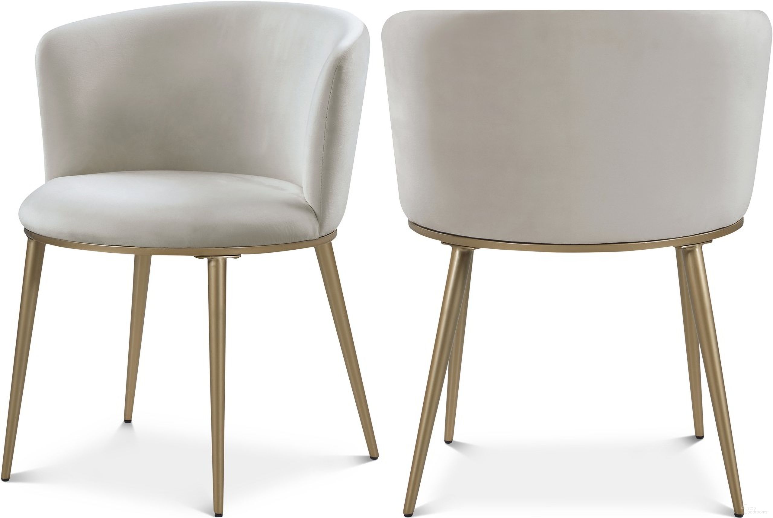 The appearance of Skylar Velvet Dining Chair Set of 2 In Cream/Brushed Gold designed by Meridian in the modern / contemporary interior design. This cream velvet piece of furniture  was selected by 1StopBedrooms from Skylar Collection to add a touch of cosiness and style into your home. Sku: 965Cream-C. Material: Velvet. Chair Type: Side Chair.