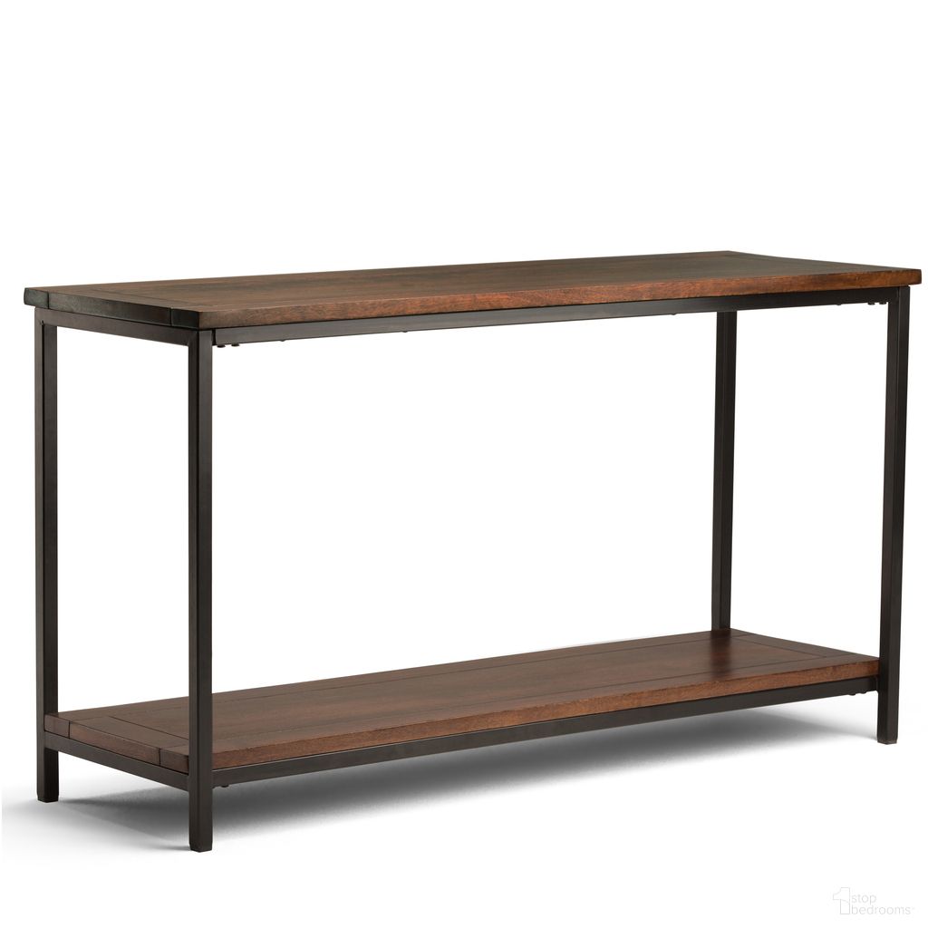 The appearance of Skyler Solid Mango Wood Console Sofa Table In Dark Cognac Brown designed by Simpli Home in the industrial interior design. This dark cognac brown piece of furniture  was selected by 1StopBedrooms from Skyler Collection to add a touch of cosiness and style into your home. Sku: 3AXCSKY-04. Material: Mango Wood.