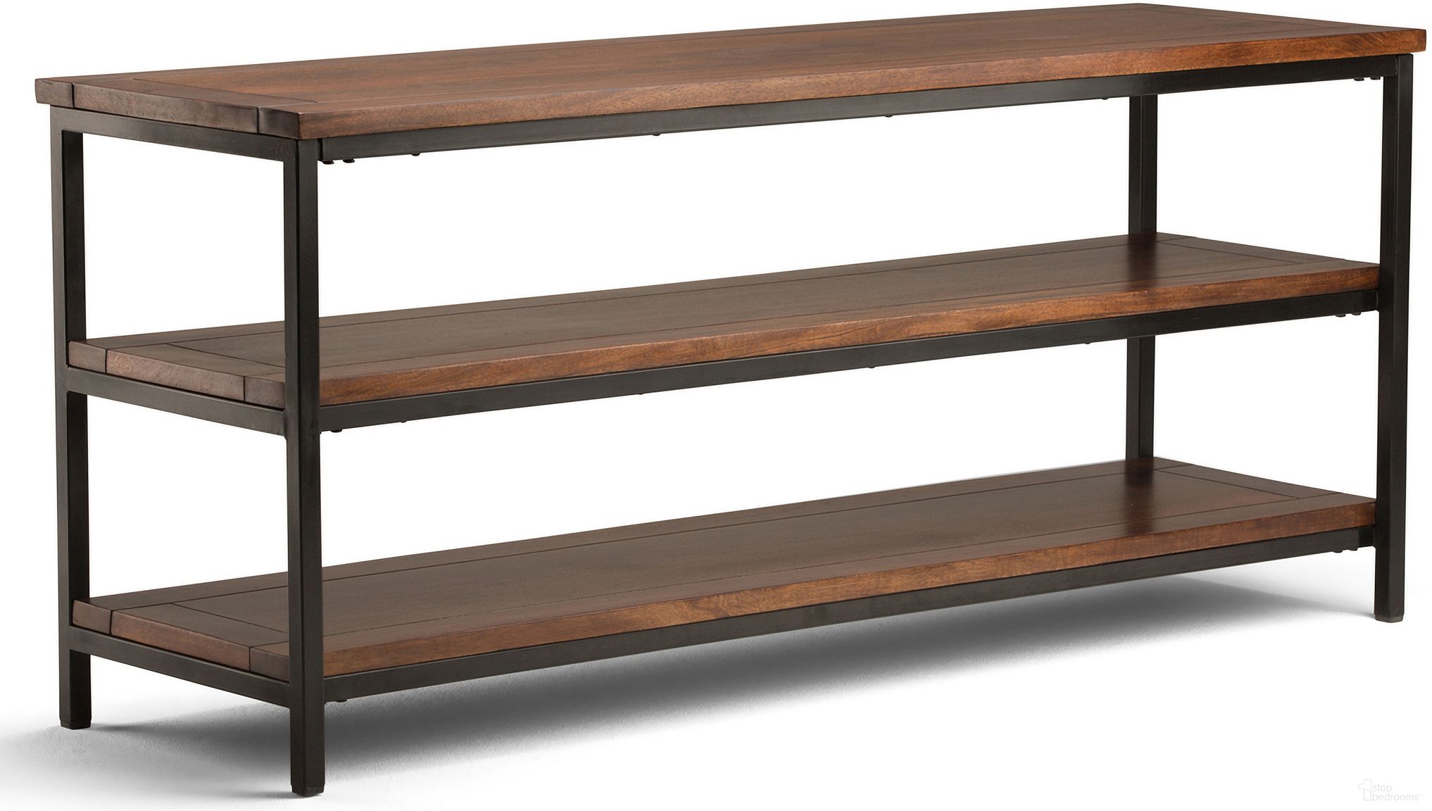 The appearance of Skyler Solid Mango Wood TV Media Stand In Dark Cognac Brown designed by Simpli Home in the industrial interior design. This dark cognac brown piece of furniture  was selected by 1StopBedrooms from Skyler Collection to add a touch of cosiness and style into your home. Sku: 3AXCSKY-07. Material: Mango Wood.