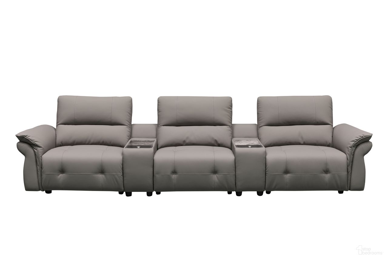 The appearance of Skyline Leather Double Power Reclining Sofa with 2 Consoles In Grey designed by Klaussner Home Furnishings in the modern / contemporary interior design. This grey piece of furniture was selected by 1StopBedrooms from Skyline Collection to add a touch of cosiness and style into your home. Sku: S2527-L1.75RP2;S2527-CT;S2527-A1.75RP2;S2527-CT;S2527-R1.75RP2. Material: Leather.