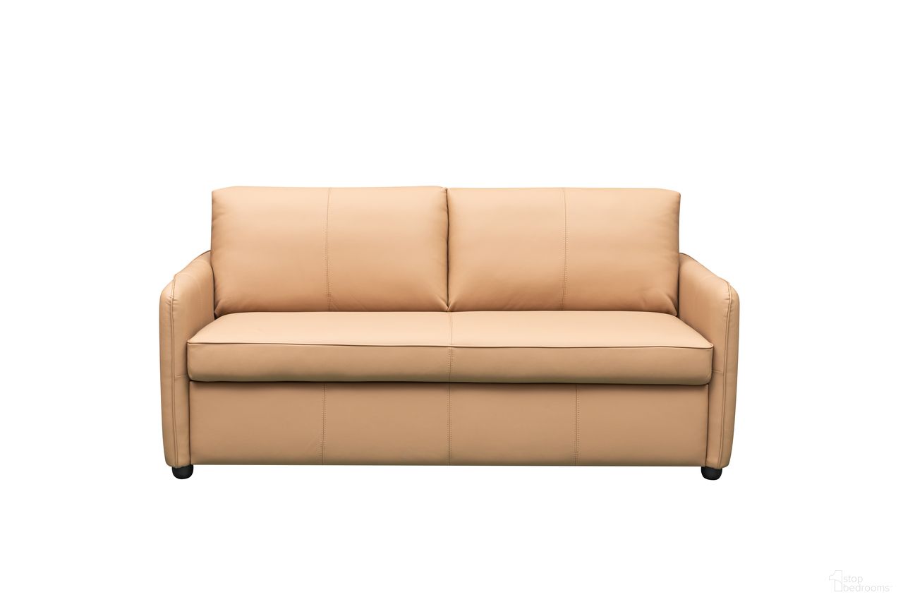 The appearance of Skyline Leather Smart Queen Sleeper Sofa with Memory Foam Mattress In Camel designed by Klaussner Home Furnishings in the modern / contemporary interior design. This camel piece of furniture  was selected by 1StopBedrooms from Skyline Collection to add a touch of cosiness and style into your home. Sku: KLA-SKY-H2403+2.5SB-NS102BROWN. Material: Top Grain Leather.