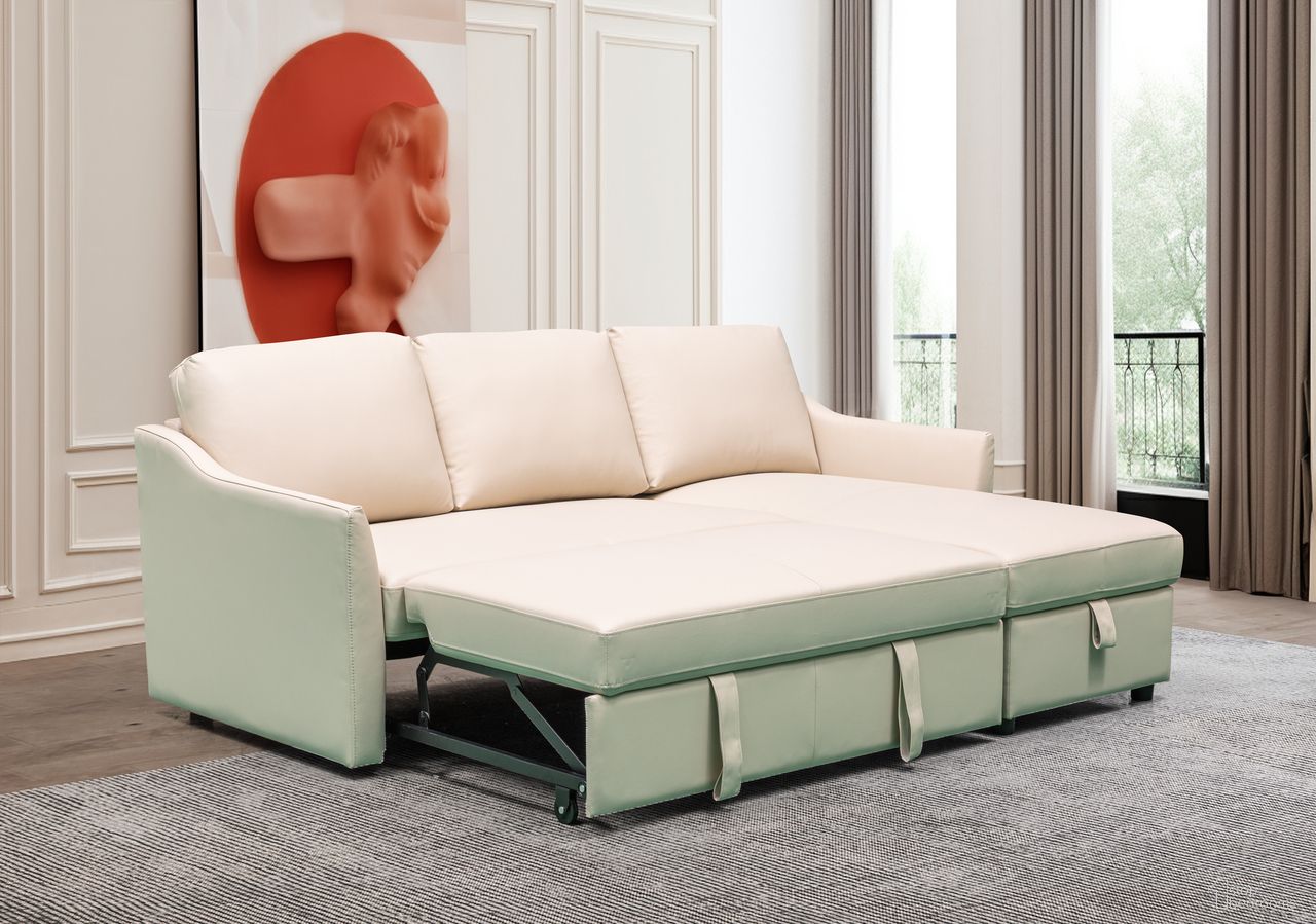 The appearance of Skyline Merax L-Shape Leather Full Sleeper Sectional Sofa with Storage Reversible Chaise In Ivory designed by Klaussner Home Furnishings in the modern / contemporary interior design. This ivory piece of furniture was selected by 1StopBedrooms from Skyline Collection to add a touch of cosiness and style into your home. Sku: B1706-L2.5P;B1706-RCH. Material: Top Grain Leather.