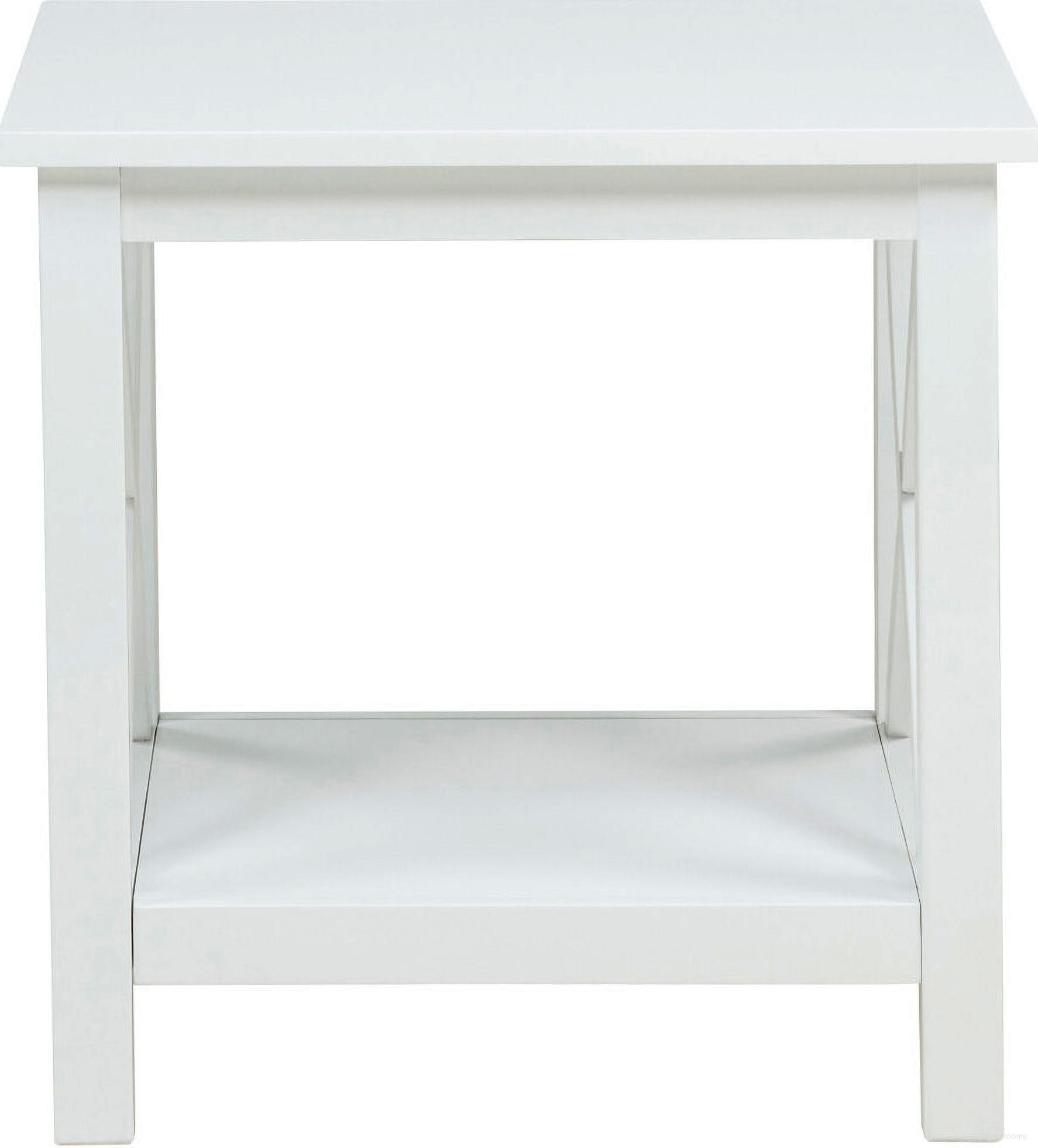 The appearance of Skyview Square Pine Wood Side End Table with Shelf In White designed by Coaster in the coastal interior design. This white piece of furniture  was selected by 1StopBedrooms from Skyview Collection to add a touch of cosiness and style into your home. Sku: 722087. Material: Pine.