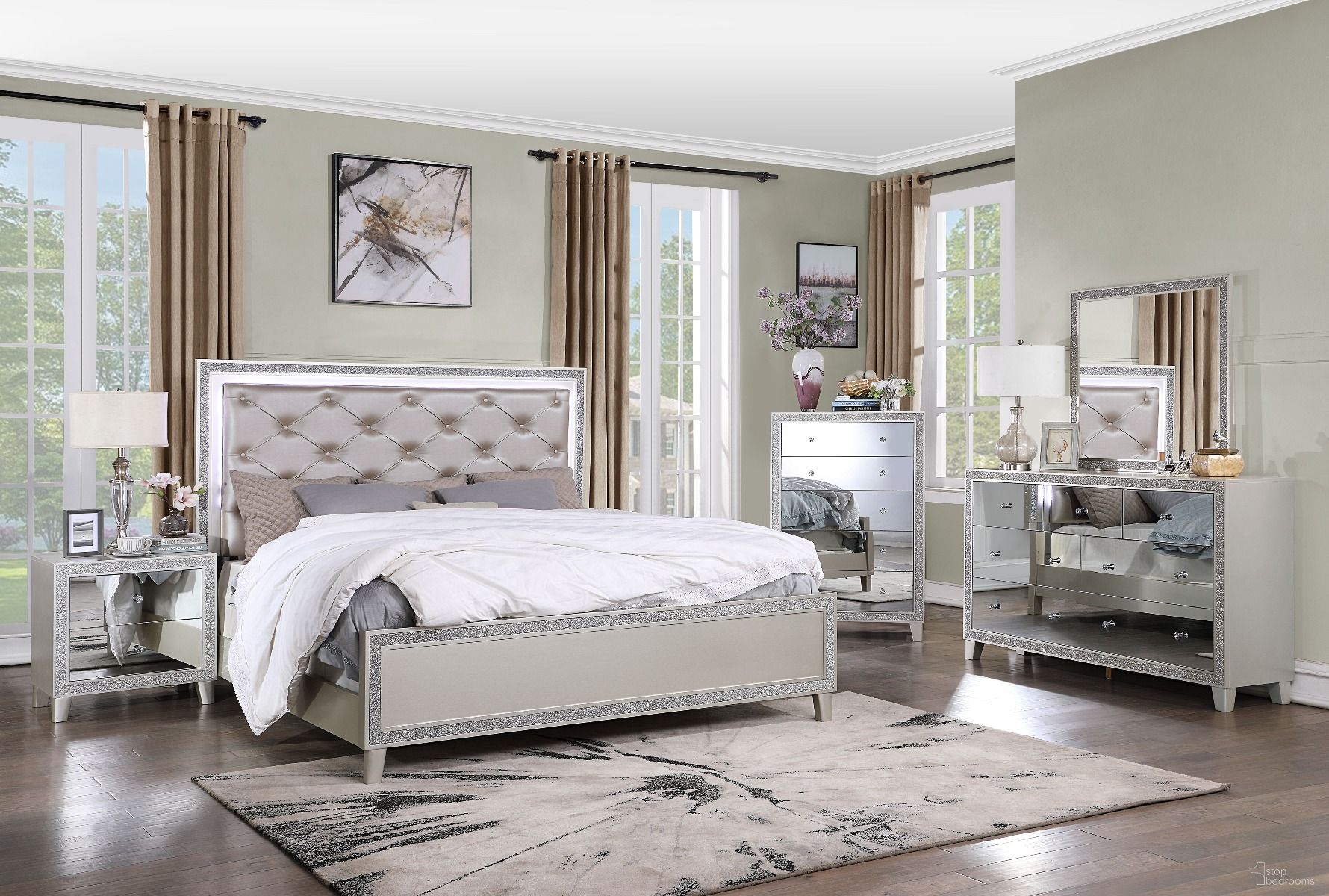 The appearance of Sliverfluff Bedroom Set In Champagne Finish designed by ACME in the glam interior design. This champagne piece of furniture  was selected by 1StopBedrooms from Sliverfluff Collection to add a touch of cosiness and style into your home. Sku: BD00239Q1;BD00239Q2;BD00239Q3;BD00243. Bed Type: Panel Bed. Material: Wood. Bed Size: Queen.