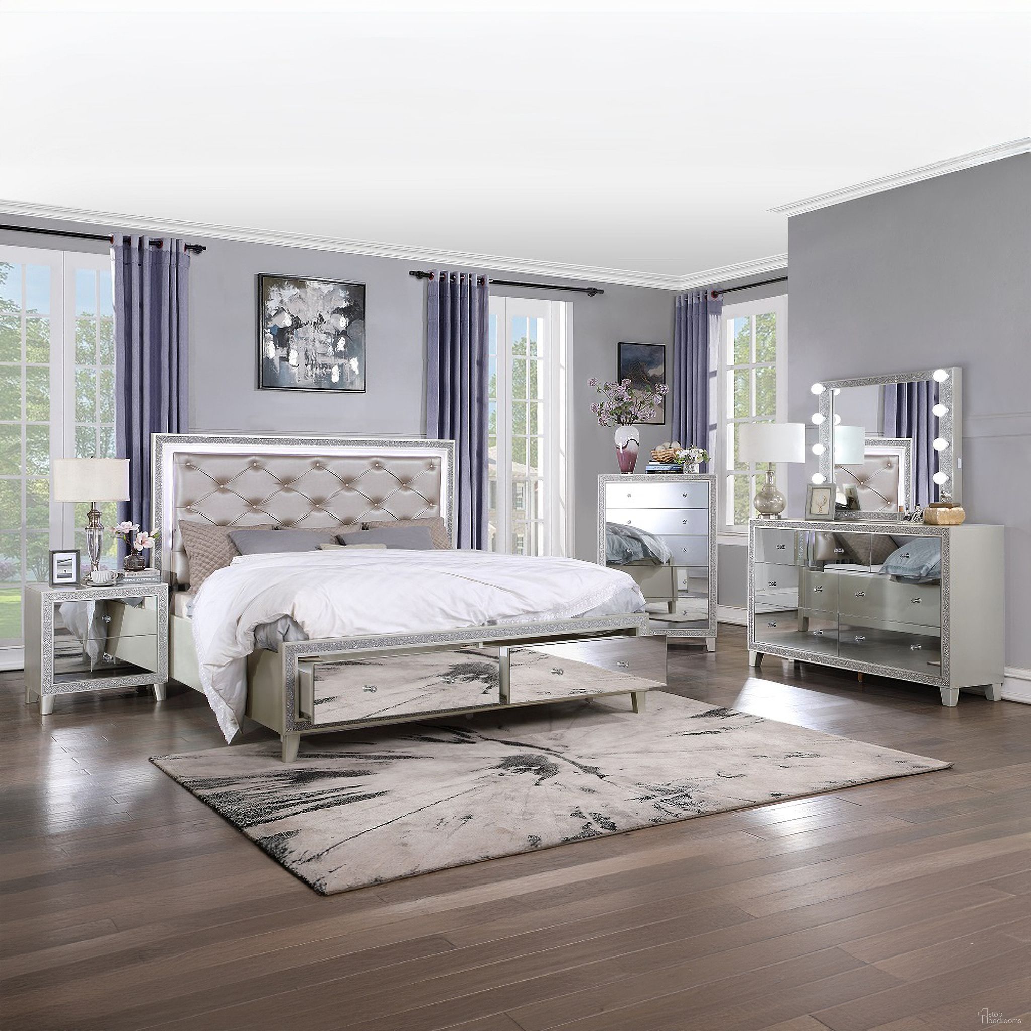 The appearance of Sliverfluff Storage Bedroom Set In Champagne Finish designed by ACME in the glam interior design. This champagne piece of furniture was selected by 1StopBedrooms from Sliverfluff Collection to add a touch of cosiness and style into your home. Sku: BD00242Q1;BD00242Q2;BD00242Q3;BD00243. Bed Type: Storage Bed. Material: Wood. Bed Size: Queen.