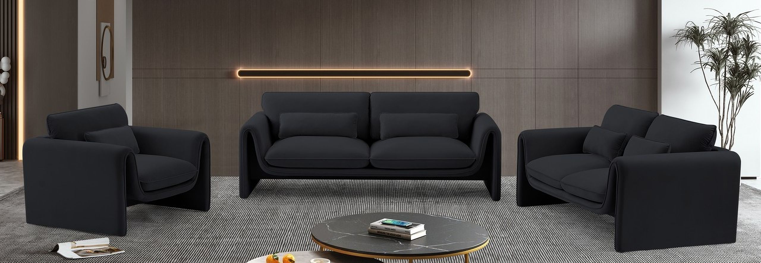 The appearance of Sloan Living Room Set In Black designed by Meridian in the modern / contemporary interior design. This black piece of furniture was selected by 1StopBedrooms from Sloan Collection to add a touch of cosiness and style into your home. Sku: 199Black-S;199Black-L. Material: Velvet.