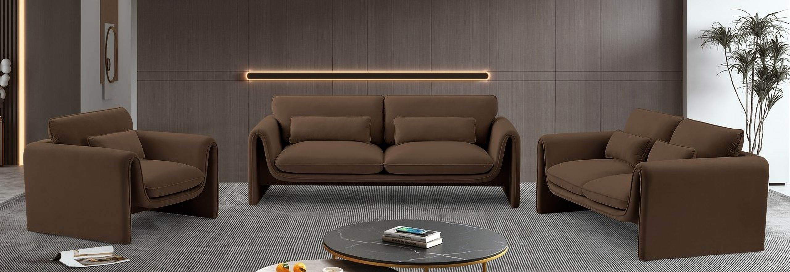 The appearance of Sloan Living Room Set In Brown designed by Meridian in the modern / contemporary interior design. This brown piece of furniture  was selected by 1StopBedrooms from Sloan Collection to add a touch of cosiness and style into your home. Sku: 199Brown-S;199Brown-L. Material: Velvet.