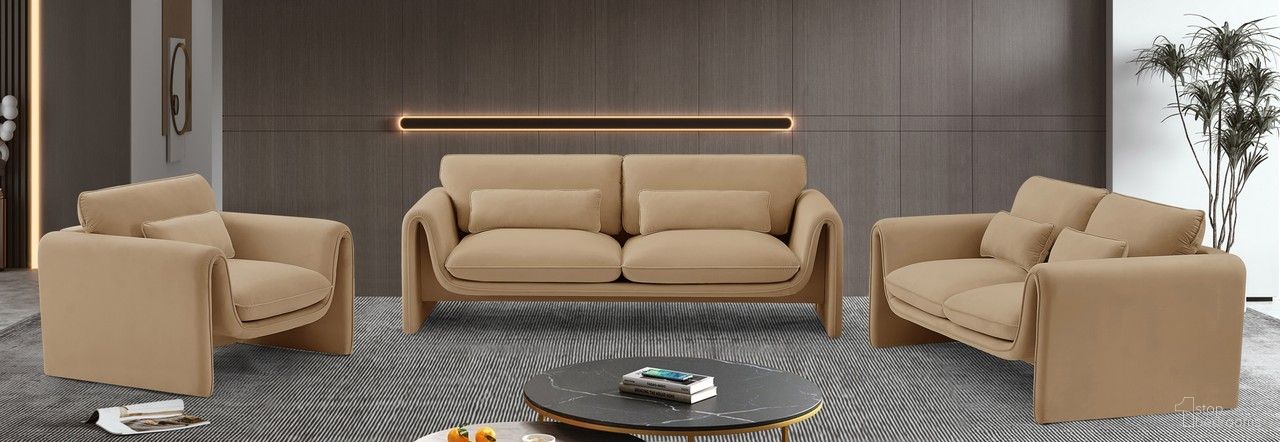 The appearance of Sloan Living Room Set In Camel designed by Meridian in the modern / contemporary interior design. This camel piece of furniture was selected by 1StopBedrooms from Sloan Collection to add a touch of cosiness and style into your home. Sku: 199Camel-S;199Camel-L. Material: Velvet.