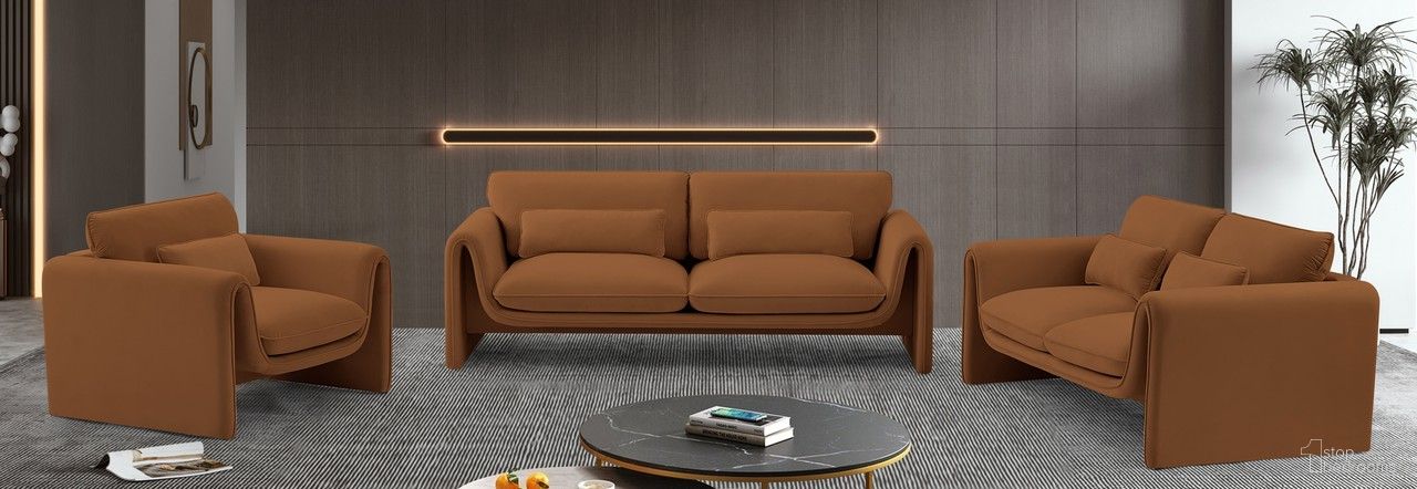 The appearance of Sloan Living Room Set In Saddle designed by Meridian in the modern / contemporary interior design. This saddle piece of furniture was selected by 1StopBedrooms from Sloan Collection to add a touch of cosiness and style into your home. Sku: 199Saddle-S;199Saddle-L. Material: Velvet.