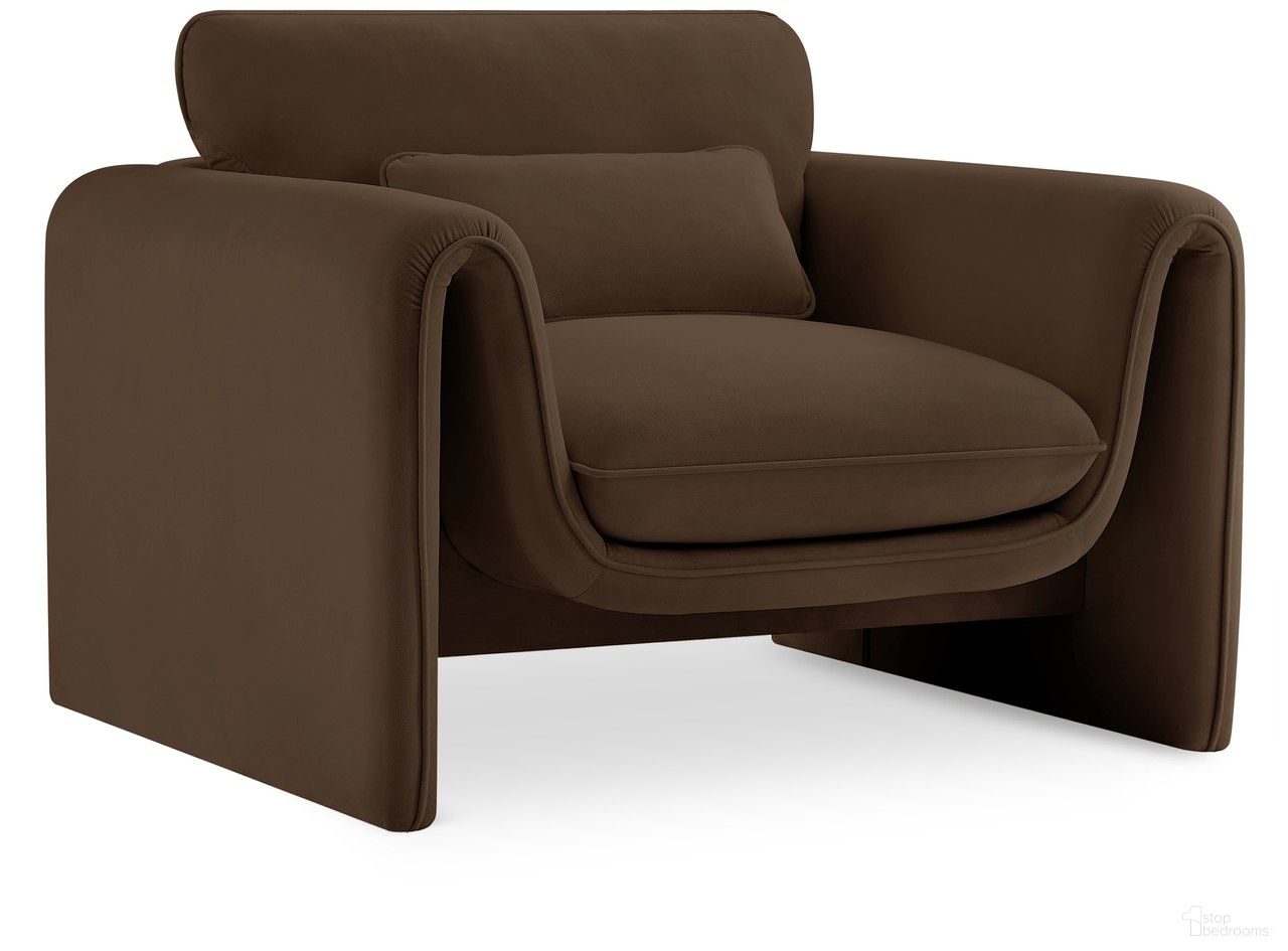 The appearance of Sloan Velvet Fabric Chair In Brown designed by Meridian in the modern / contemporary interior design. This brown piece of furniture was selected by 1StopBedrooms from Sloan Collection to add a touch of cosiness and style into your home. Sku: 199Brown-C. Material: Velvet.
