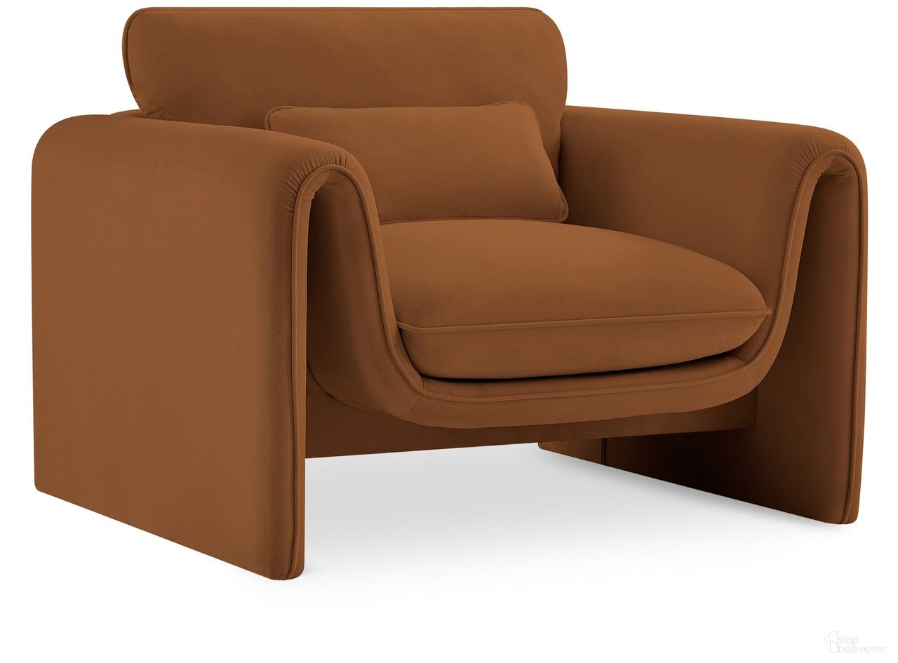 The appearance of Sloan Velvet Fabric Chair In Saddle designed by Meridian in the modern / contemporary interior design. This saddle piece of furniture  was selected by 1StopBedrooms from Sloan Collection to add a touch of cosiness and style into your home. Sku: 199Saddle-C. Material: Velvet.