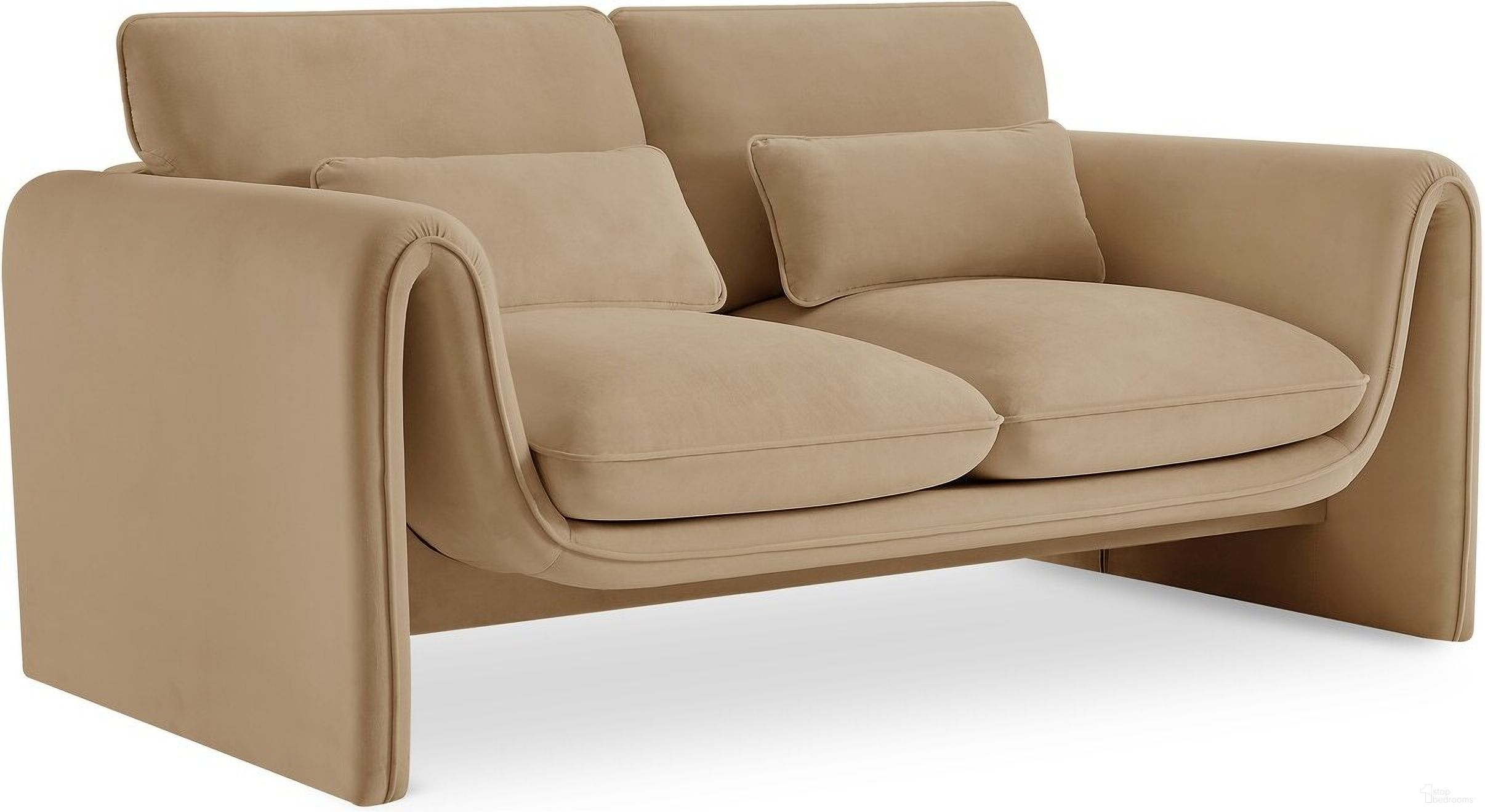 The appearance of Sloan Velvet Fabric Loveseat In Camel designed by Meridian in the modern / contemporary interior design. This camel piece of furniture was selected by 1StopBedrooms from Sloan Collection to add a touch of cosiness and style into your home. Sku: 199Camel-L. Material: Velvet.