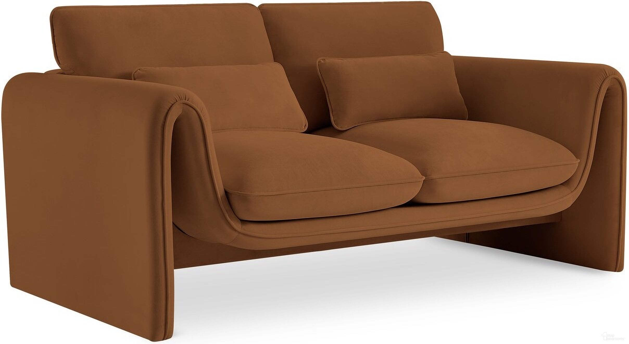 The appearance of Sloan Velvet Fabric Loveseat In Saddle designed by Meridian in the modern / contemporary interior design. This saddle piece of furniture  was selected by 1StopBedrooms from Sloan Collection to add a touch of cosiness and style into your home. Sku: 199Saddle-L. Material: Velvet.