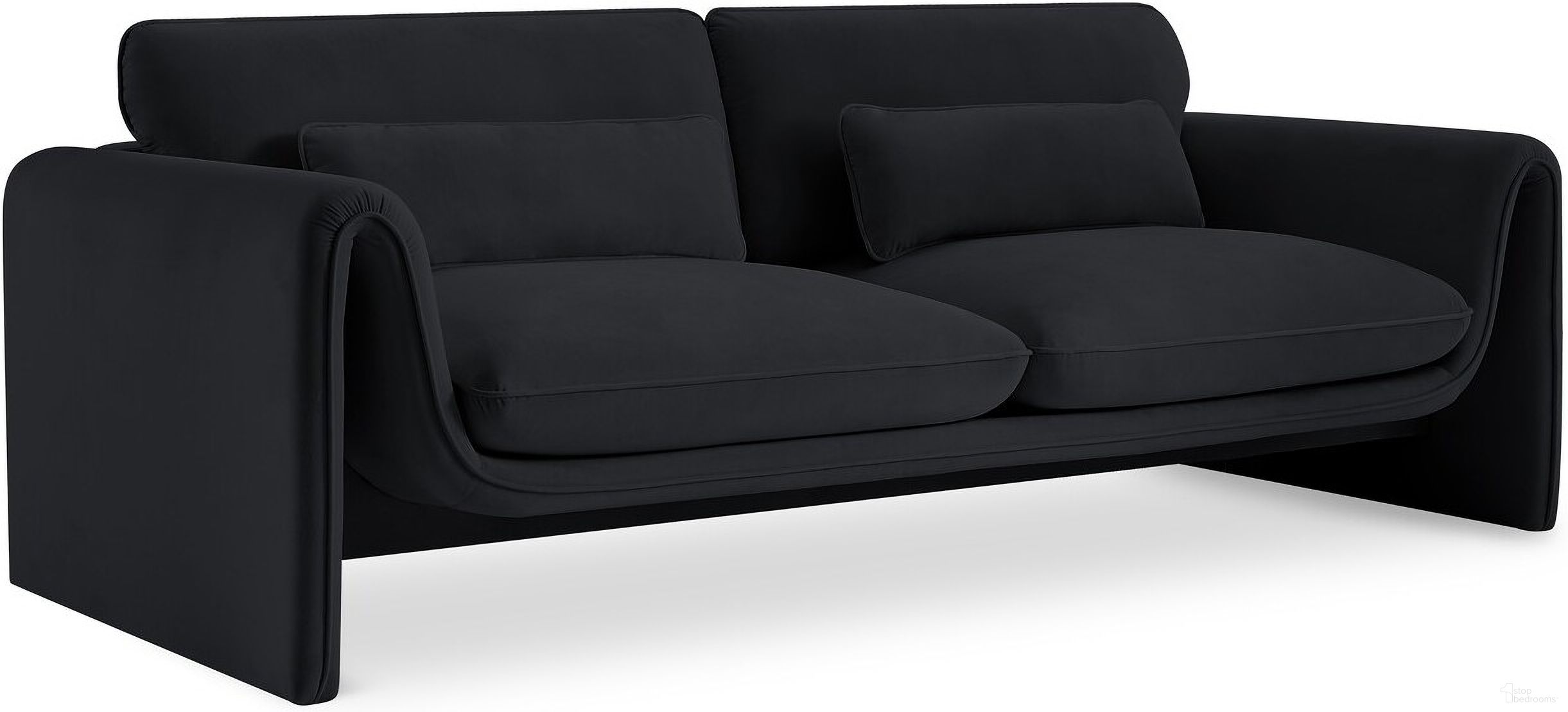 The appearance of Sloan Velvet Fabric Sofa In Black designed by Meridian in the modern / contemporary interior design. This black piece of furniture  was selected by 1StopBedrooms from Sloan Collection to add a touch of cosiness and style into your home. Sku: 199Black-S. Material: Velvet.